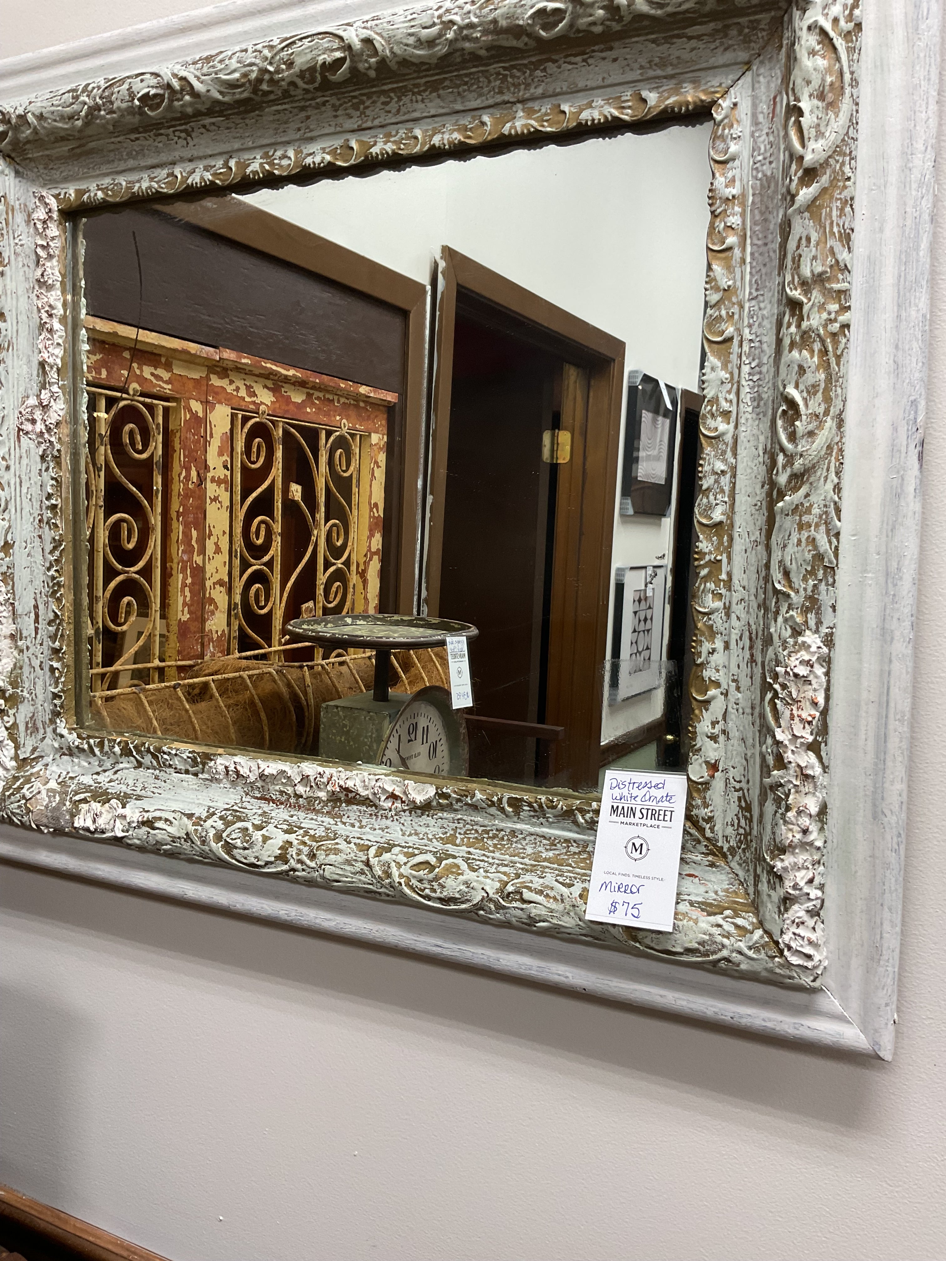 Distressed White Ornate Mirror