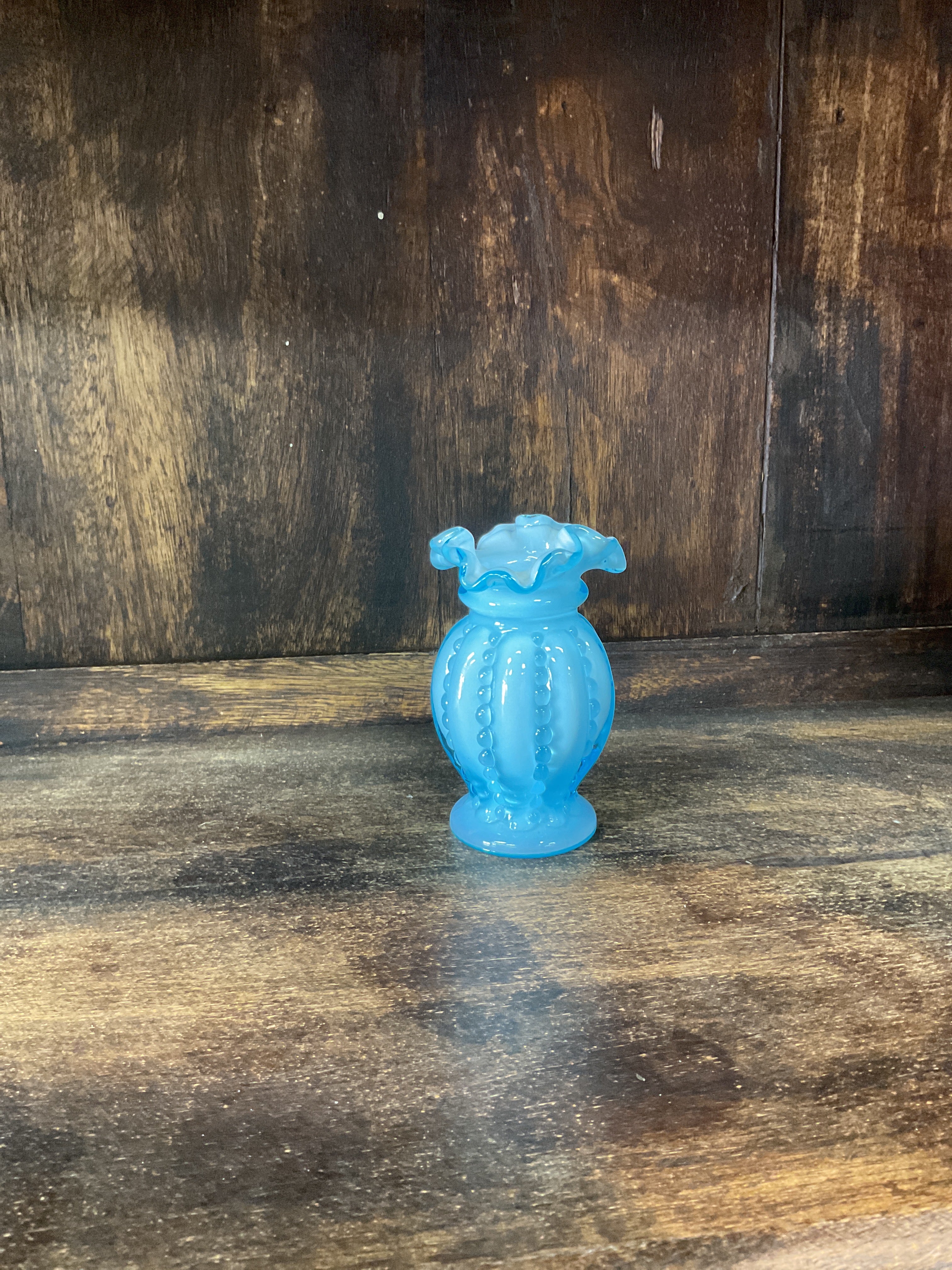 Vintage Fenton Blue Overlay Ruffled Beaded Melon Vase Turquoise Art Glass