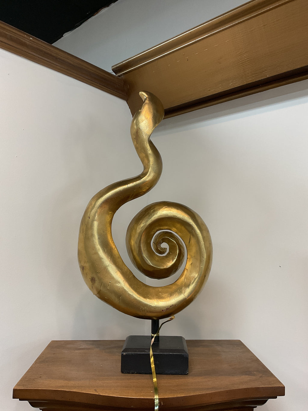 Modern Abstract Gold Spiral Sculpture Tabletop Decor on Black Base