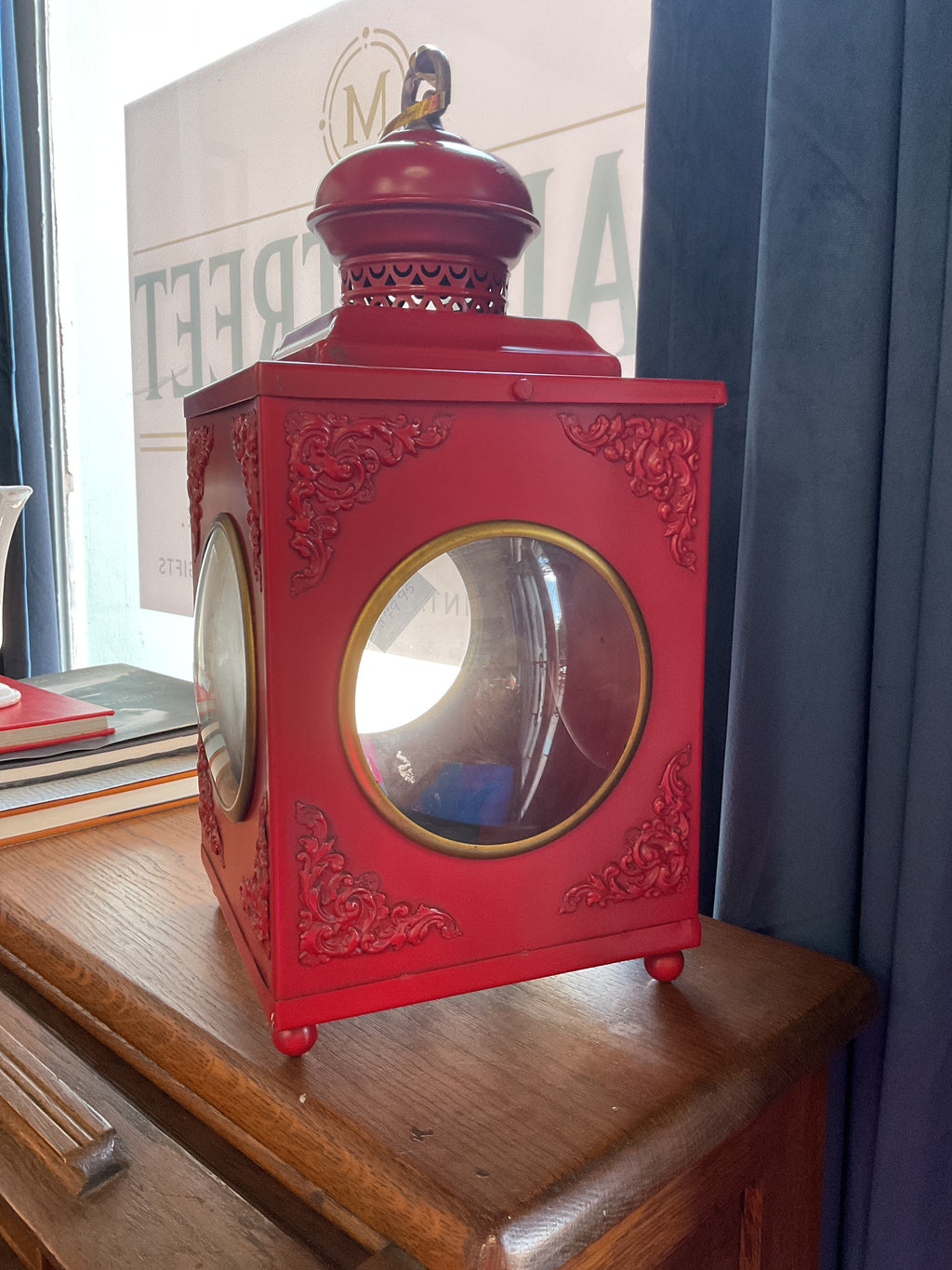 Vintage Red Metal Lantern Candle Holder Decorative Farmhouse Rustic Lantern