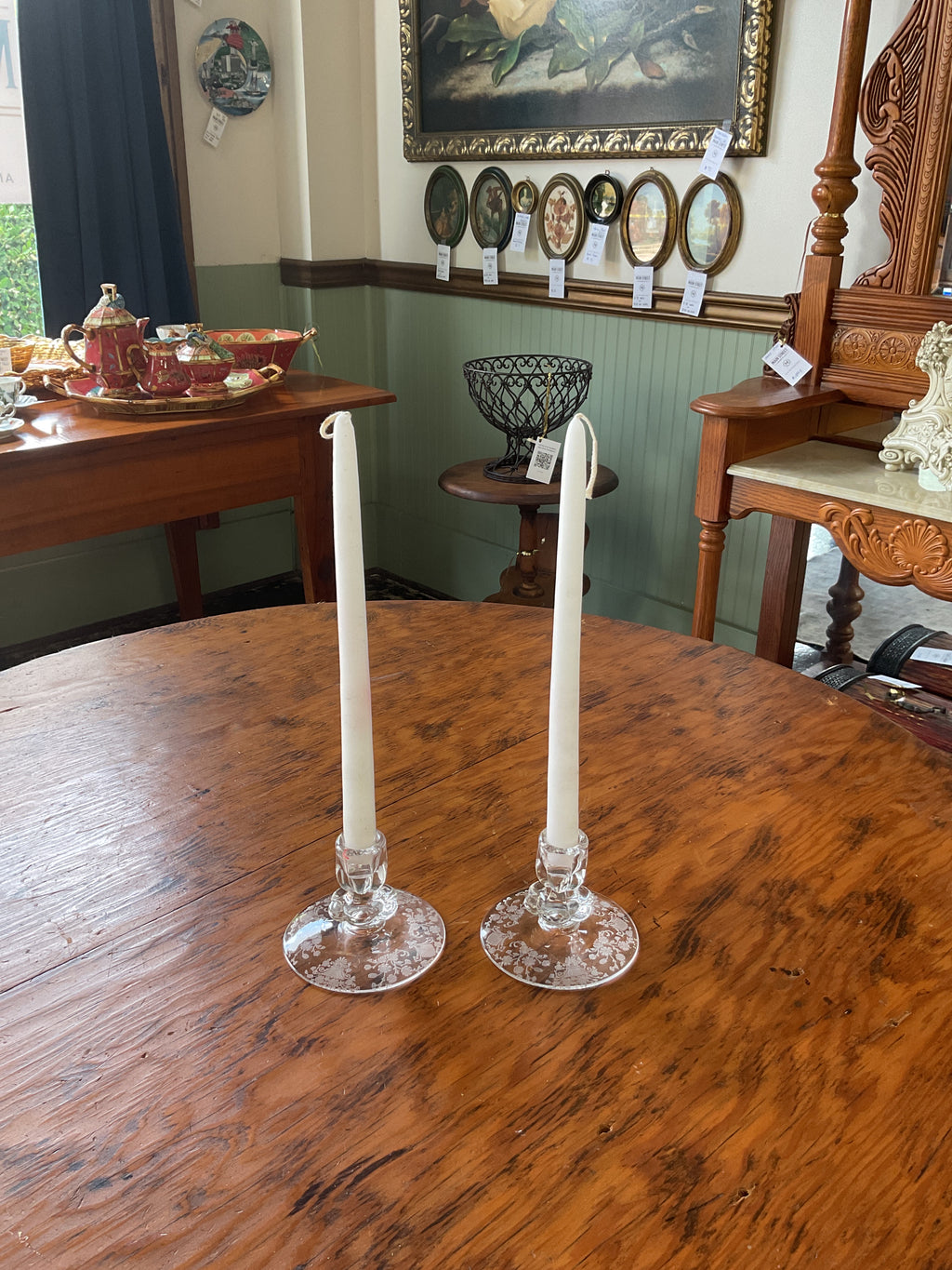 Duncan & Miller First Love Etched Crystal Candlestick Holders Pair Vintage