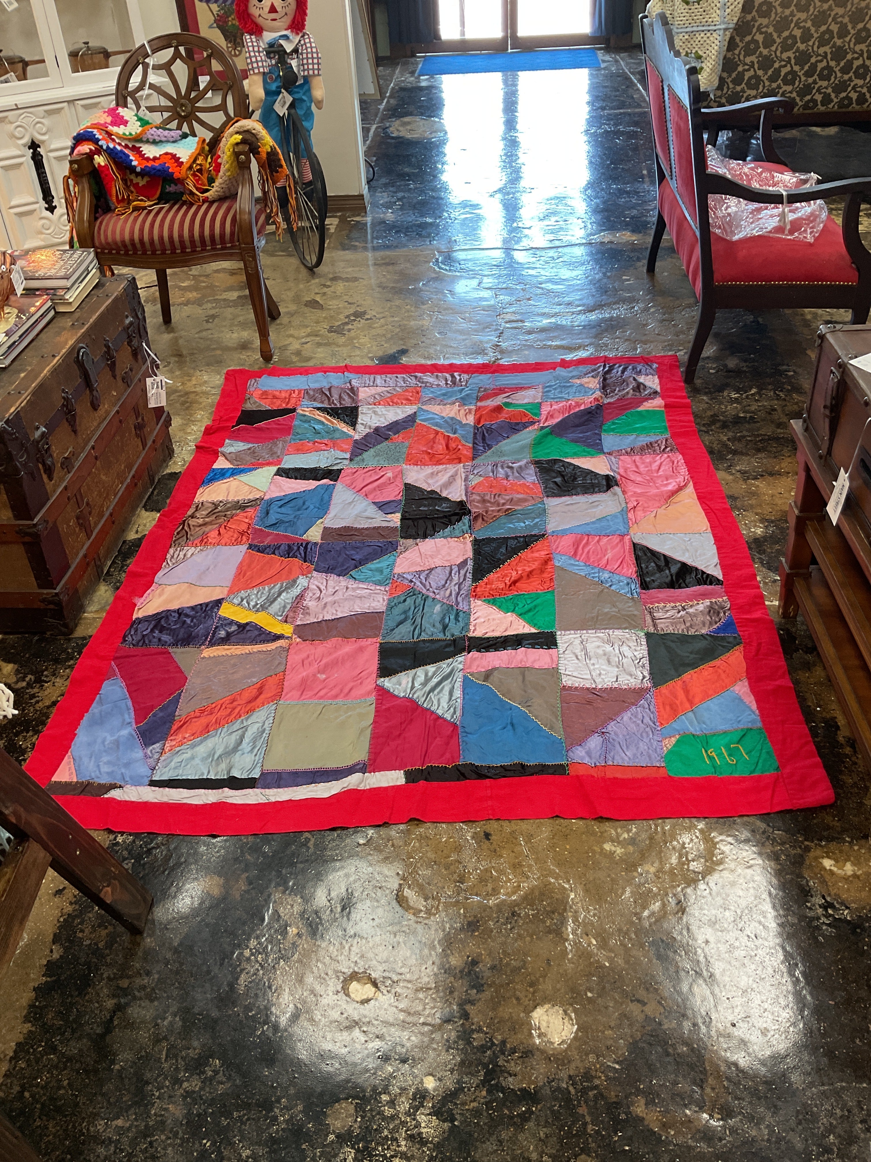 Vintage 1967 Hand Pieced Crazy Quilt Primitive Patchwork Handmade Folk Art Quilt