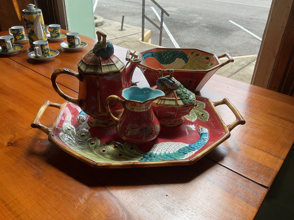Tracy Porter 5 Piece Peacock Tea Set Serving Tray Teapot Sugar Creamer Bowl