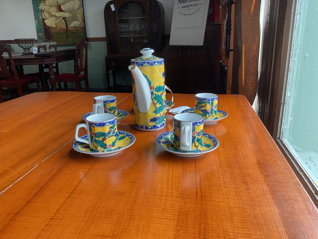 Vintage Takahashi Japan Demitasse Espresso Coffee Set 11 Pc Bird Motif Porcelain