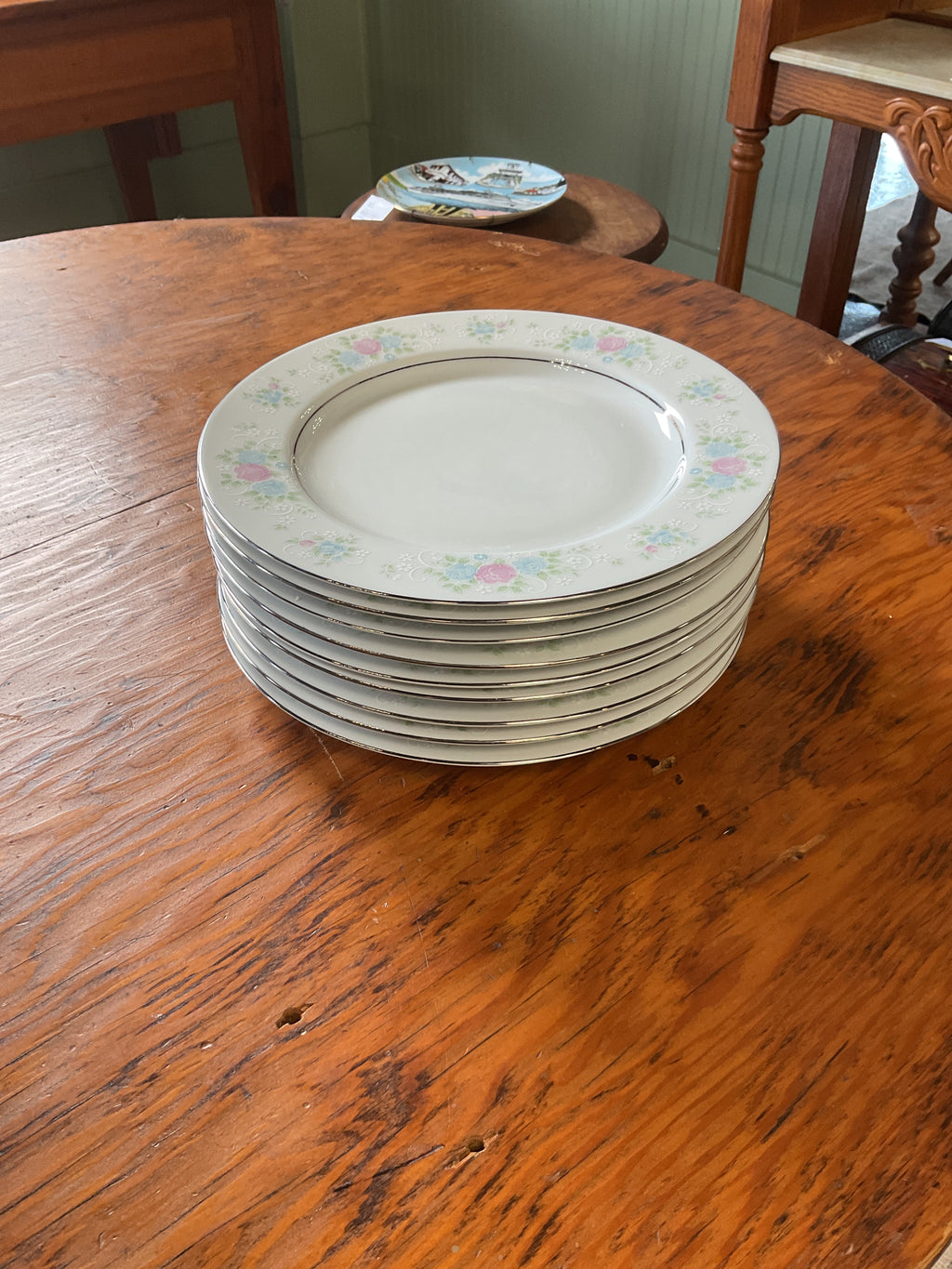 Vintage Prestige China Garden Dinner Plates Set of 9 Pink Blue Floral 10.5"