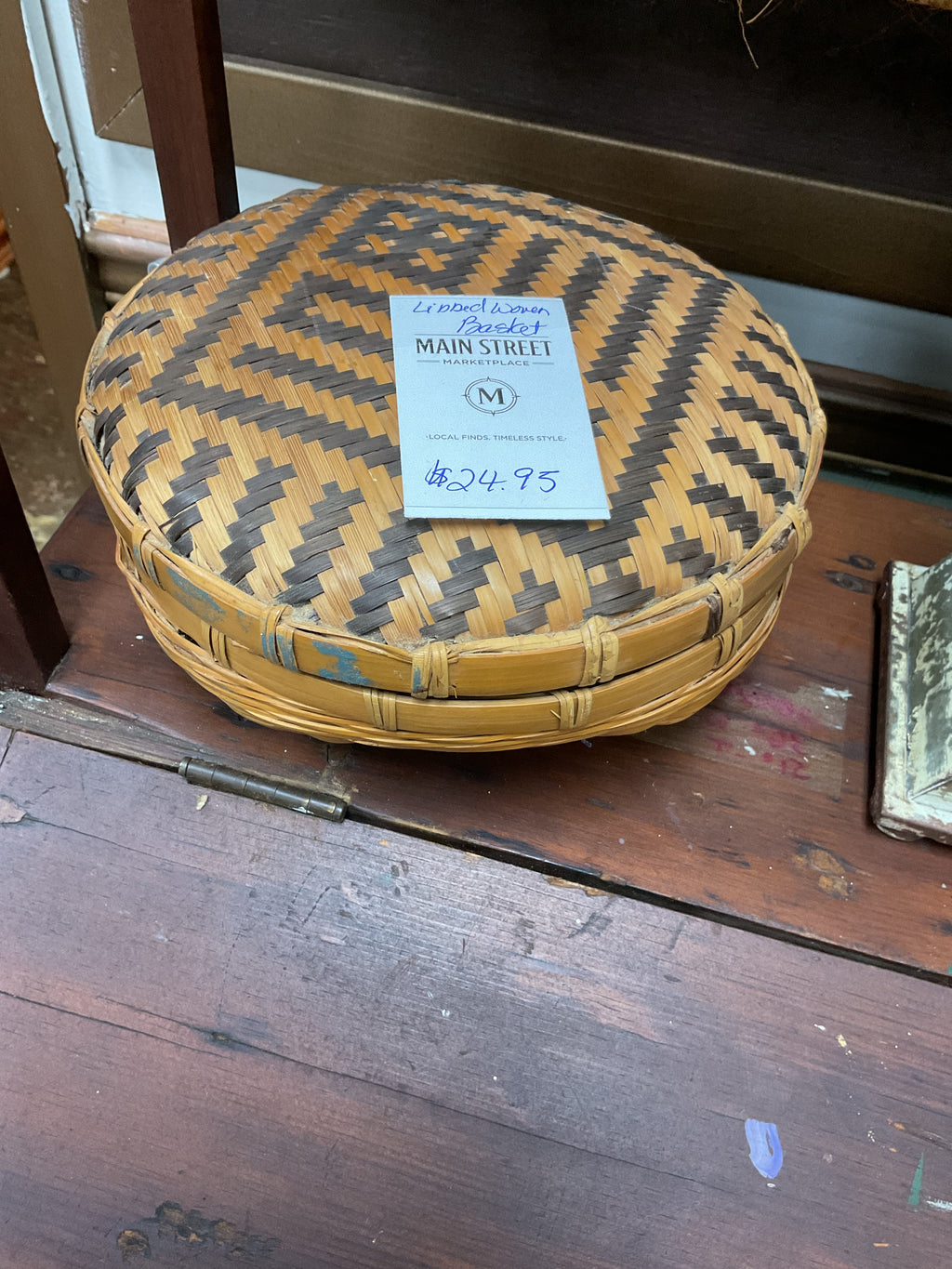 Vintage Handwoven Lidded Basket Two-Tone Geometric Woven Decorative Basket