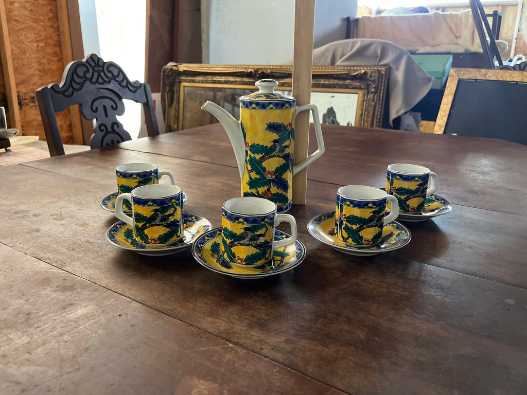 Vintage Takahashi Japan Demitasse Espresso Coffee Set 11 Pc Bird Motif Porcelain