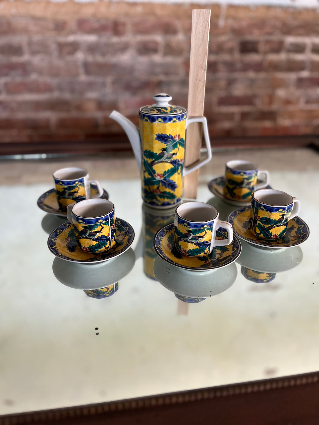 Vintage Takahashi Japan Demitasse Espresso Coffee Set 11 Pc Bird Motif Porcelain