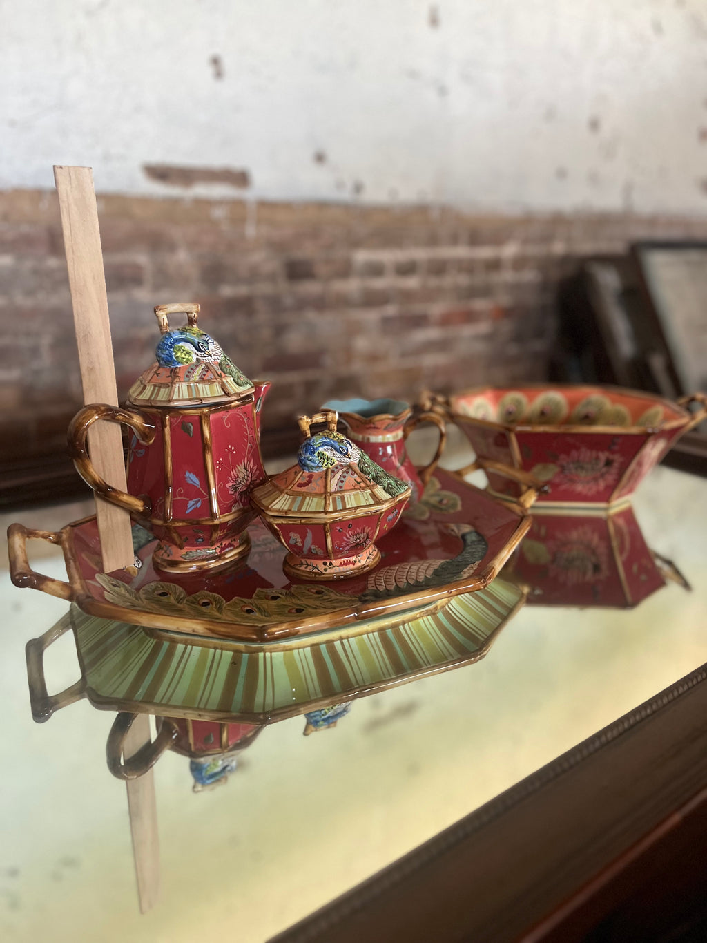 Tracy Porter 5 Piece Peacock Tea Set Serving Tray Teapot Sugar Creamer Bowl