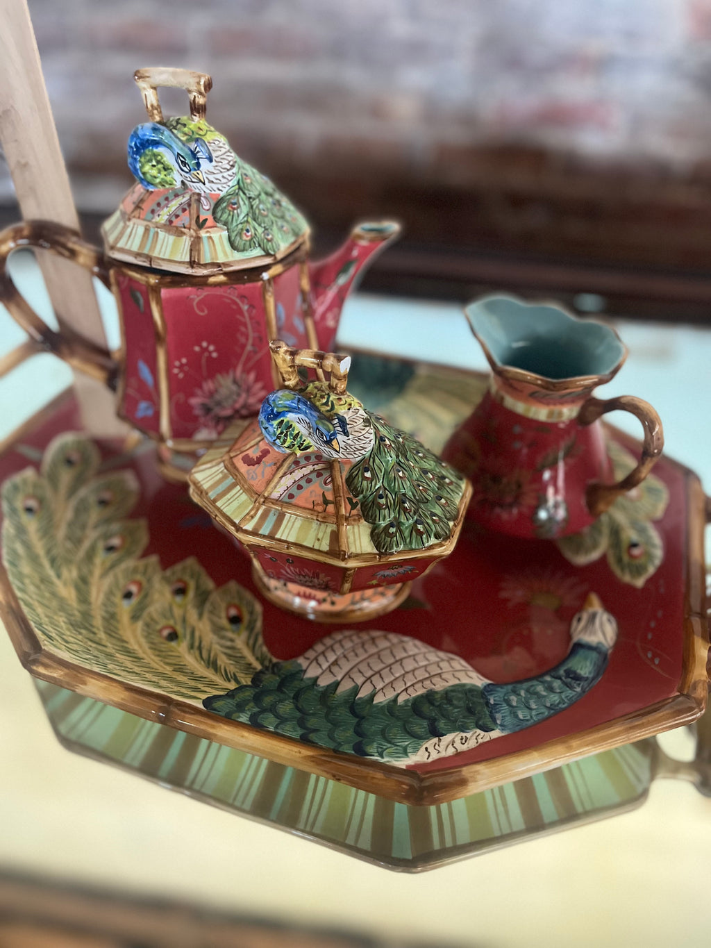 Tracy Porter 5 Piece Peacock Tea Set Serving Tray Teapot Sugar Creamer Bowl