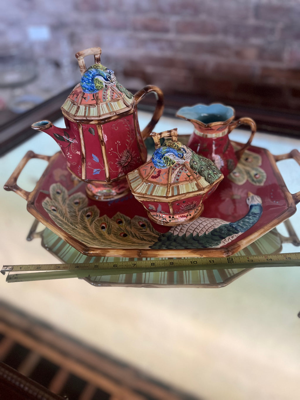 Tracy Porter 5 Piece Peacock Tea Set Serving Tray Teapot Sugar Creamer Bowl
