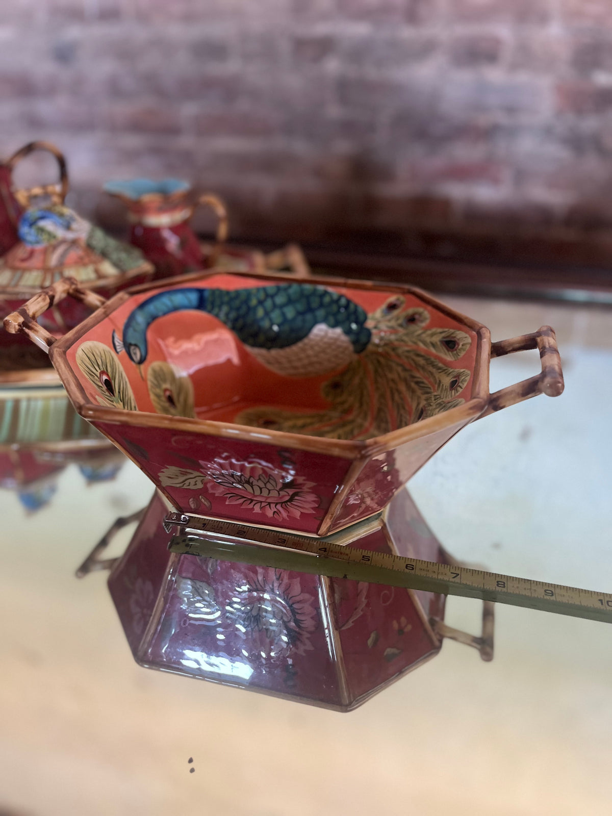 Tracy Porter 5 Piece Peacock Tea Set Serving Tray Teapot Sugar Creamer Bowl