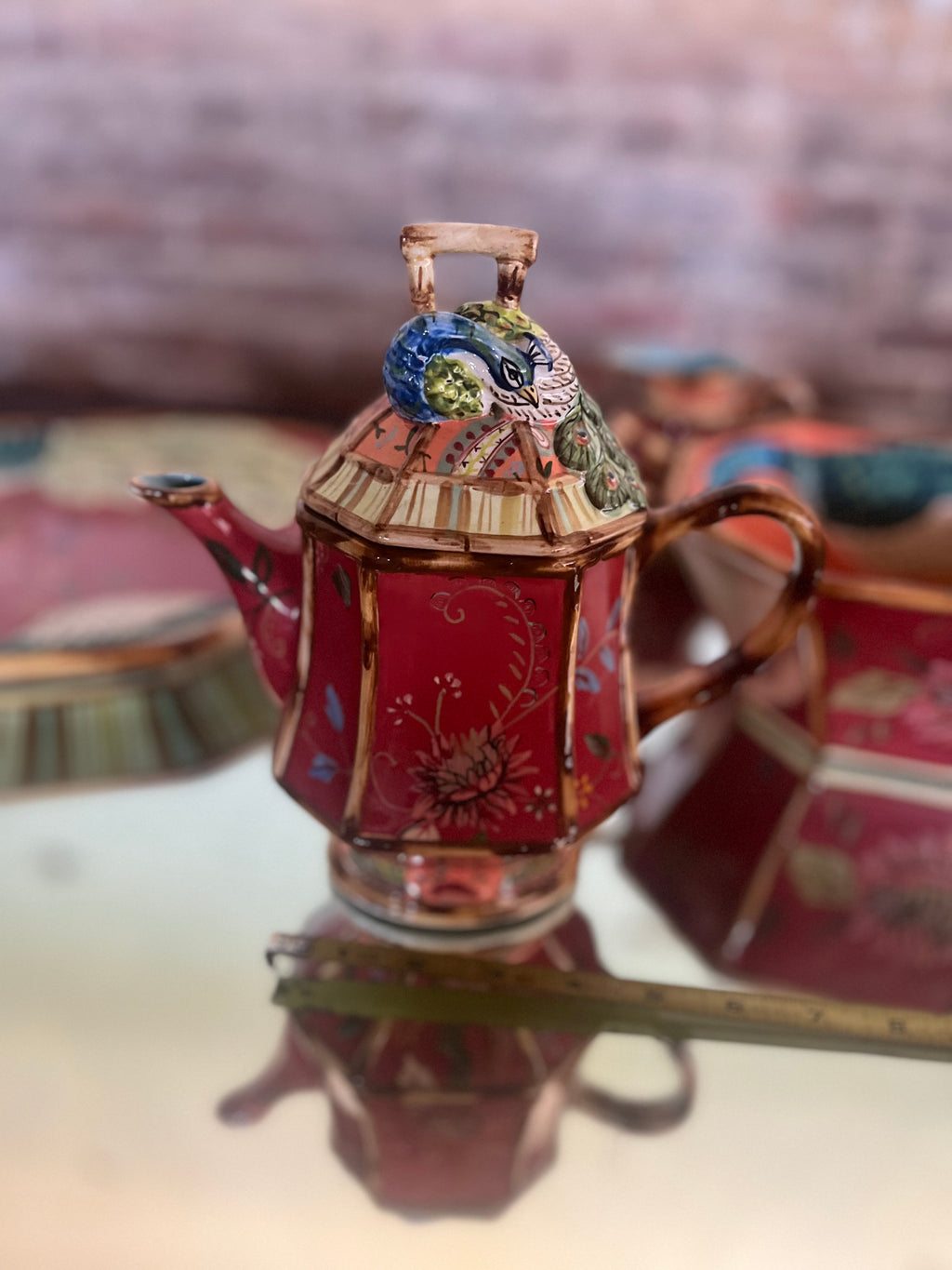 Tracy Porter 5 Piece Peacock Tea Set Serving Tray Teapot Sugar Creamer Bowl