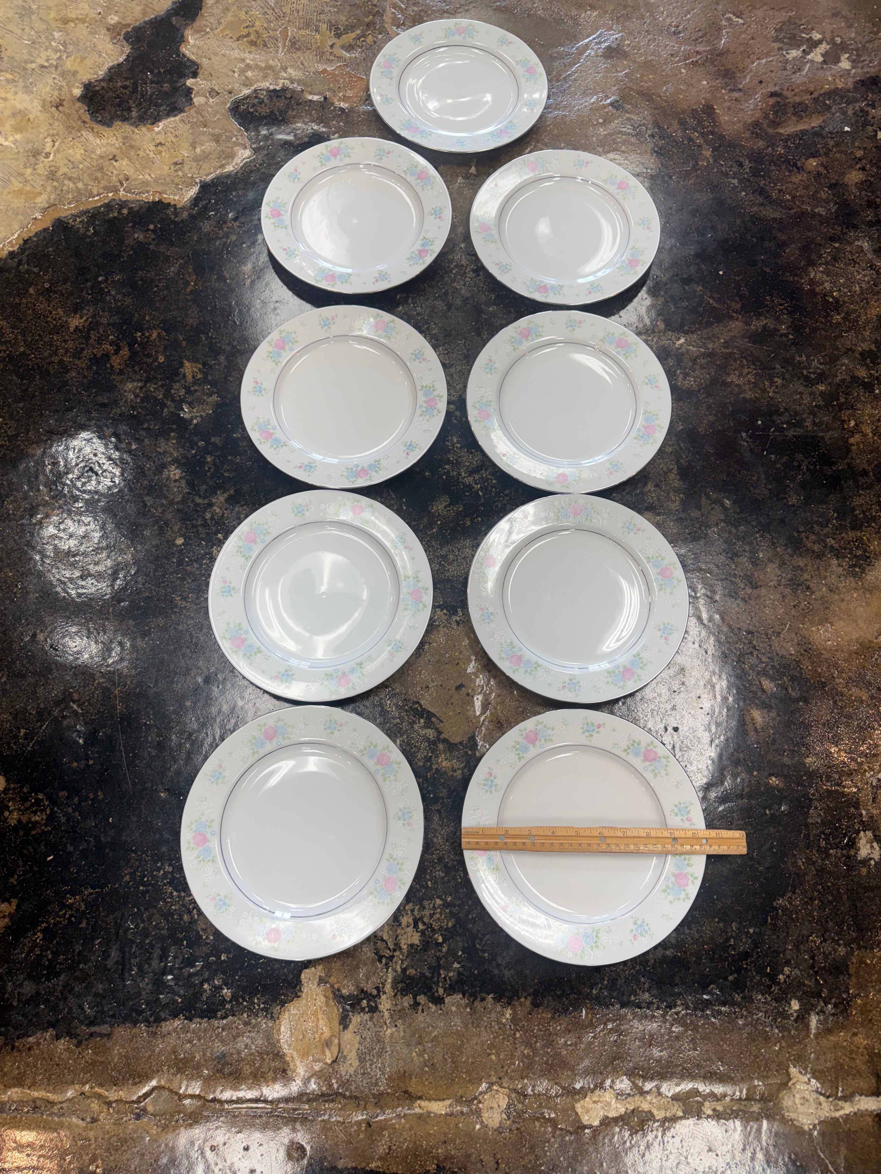 Vintage Prestige China Garden Dinner Plates Set of 9 Pink Blue Floral 10.5"