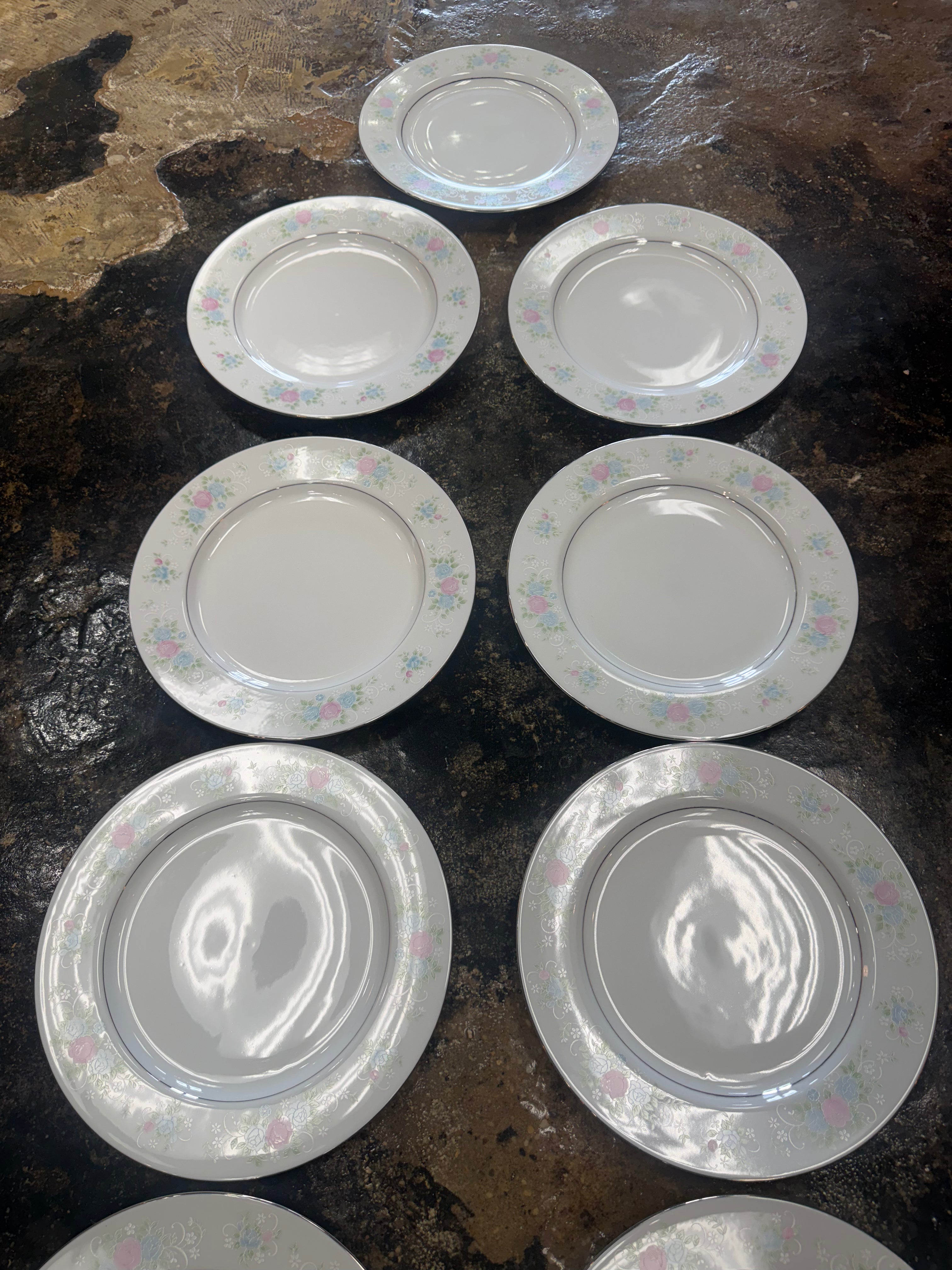 Vintage Prestige China Garden Dinner Plates Set of 9 Pink Blue Floral 10.5"