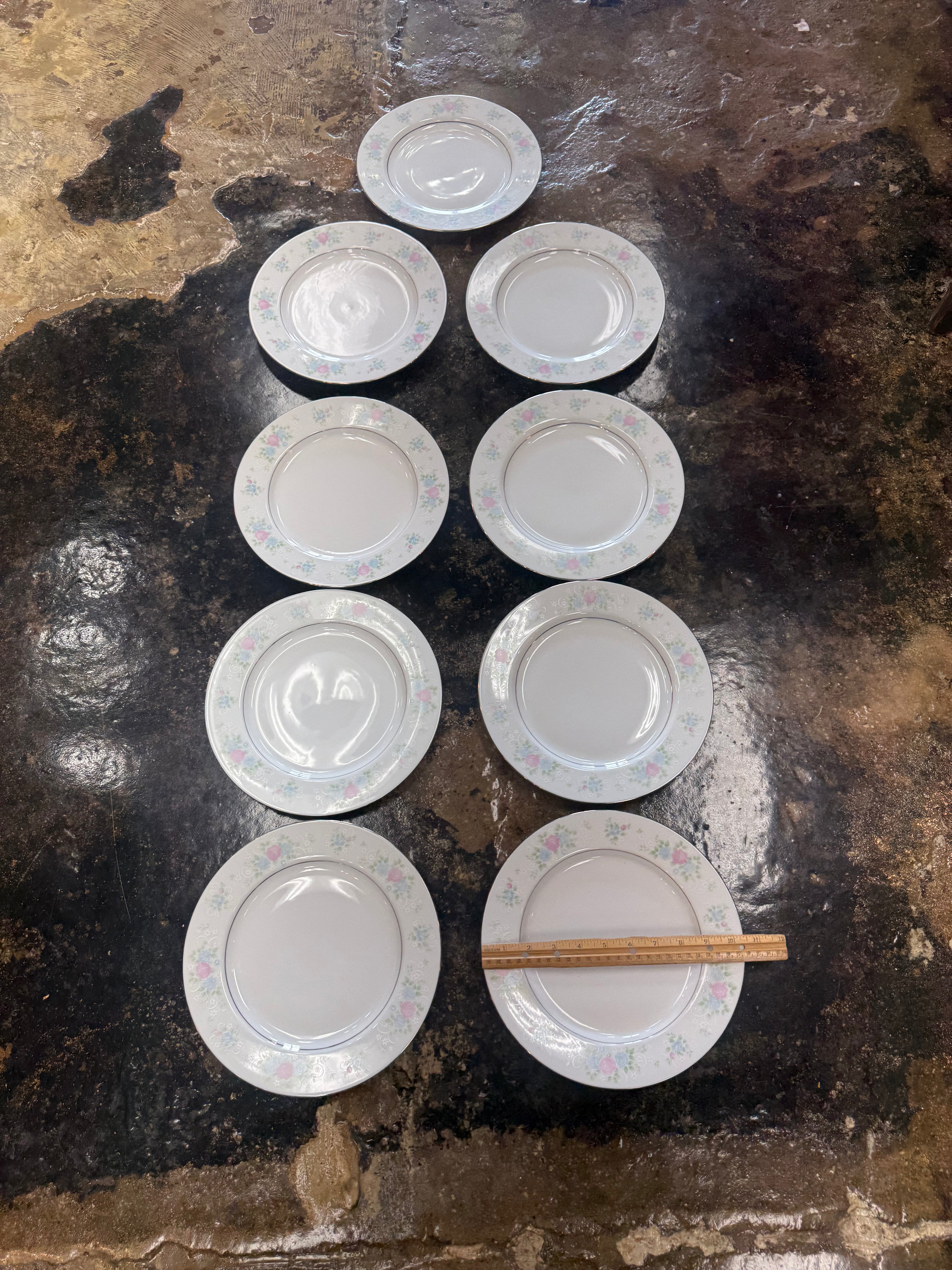 Vintage Prestige China Garden Dinner Plates Set of 9 Pink Blue Floral 10.5"