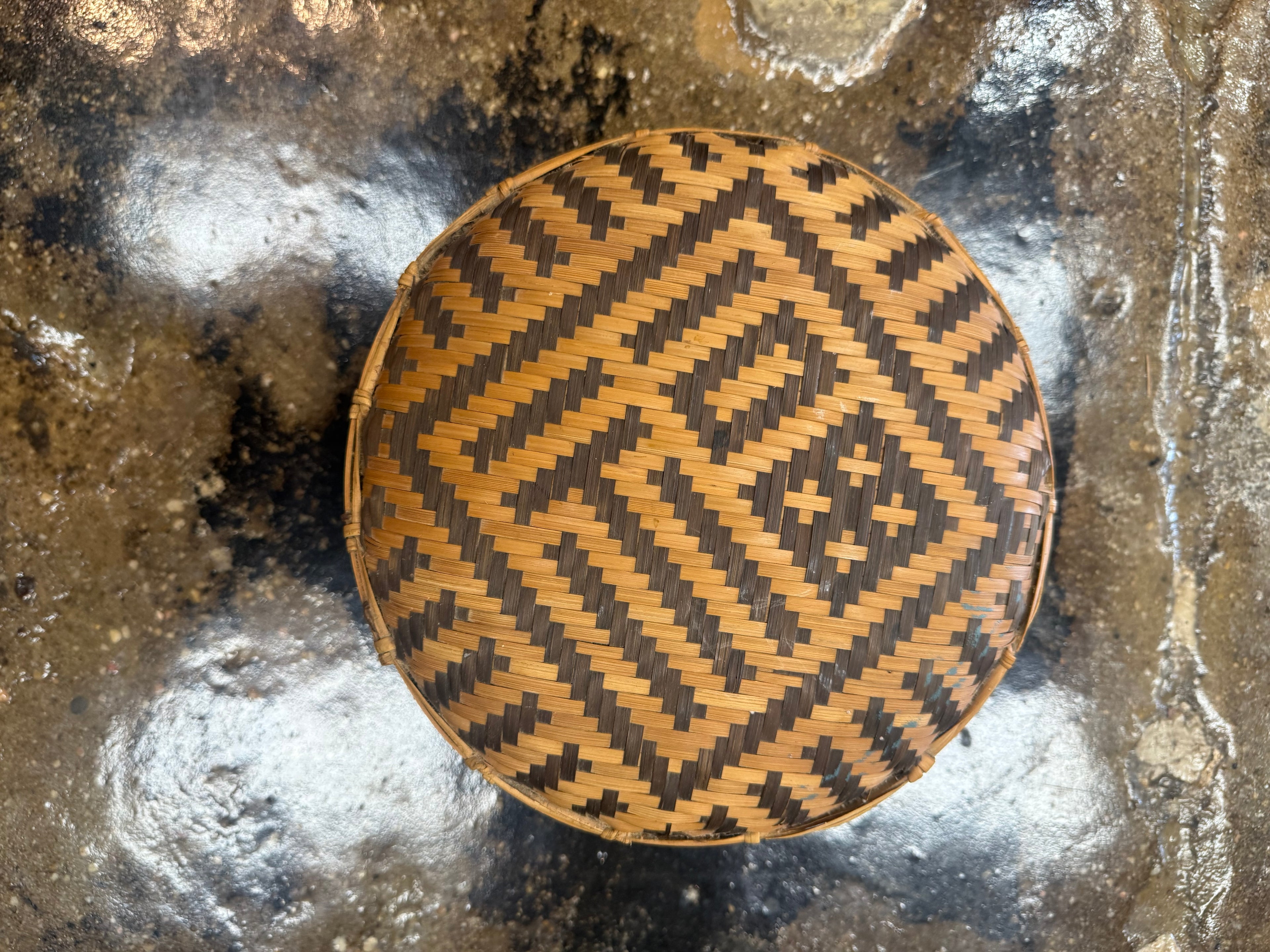 Vintage Handwoven Lidded Basket Two-Tone Geometric Woven Decorative Basket
