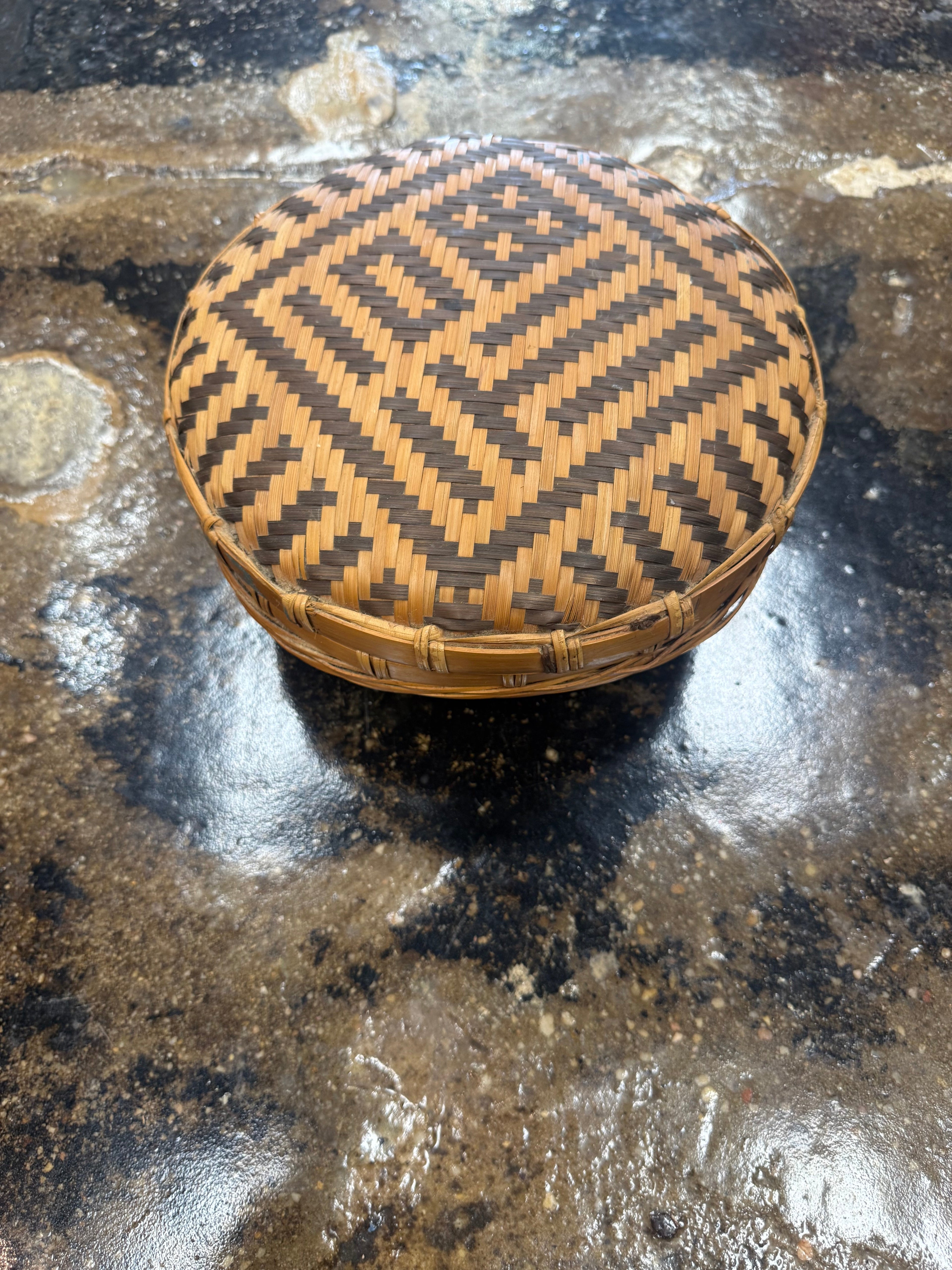 Vintage Handwoven Lidded Basket Two-Tone Geometric Woven Decorative Basket