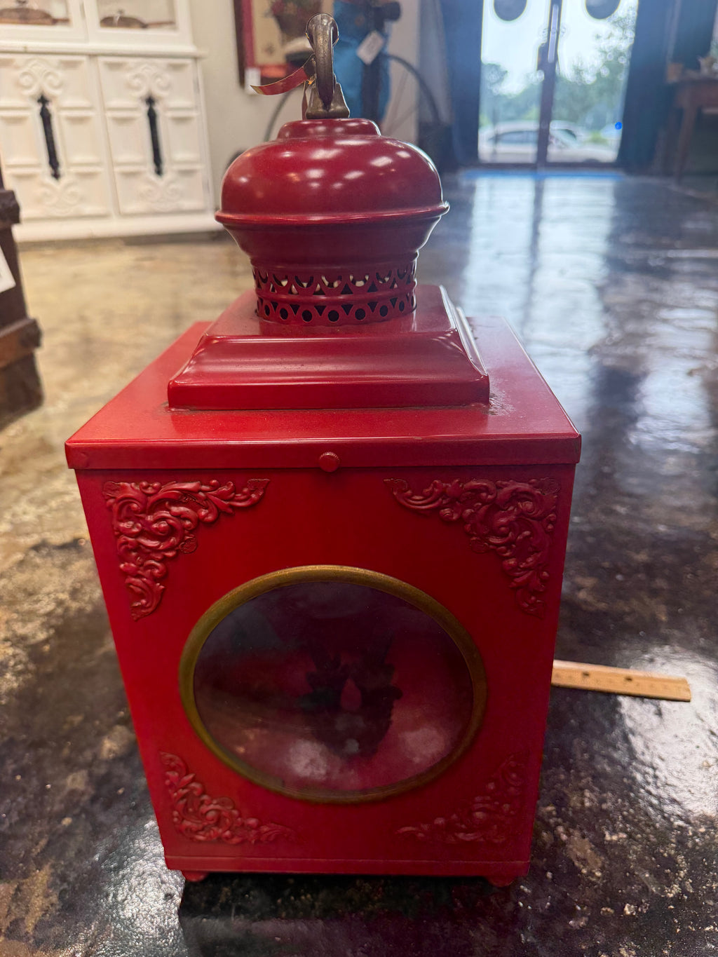 Vintage Red Metal Lantern Candle Holder Decorative Farmhouse Rustic Lantern