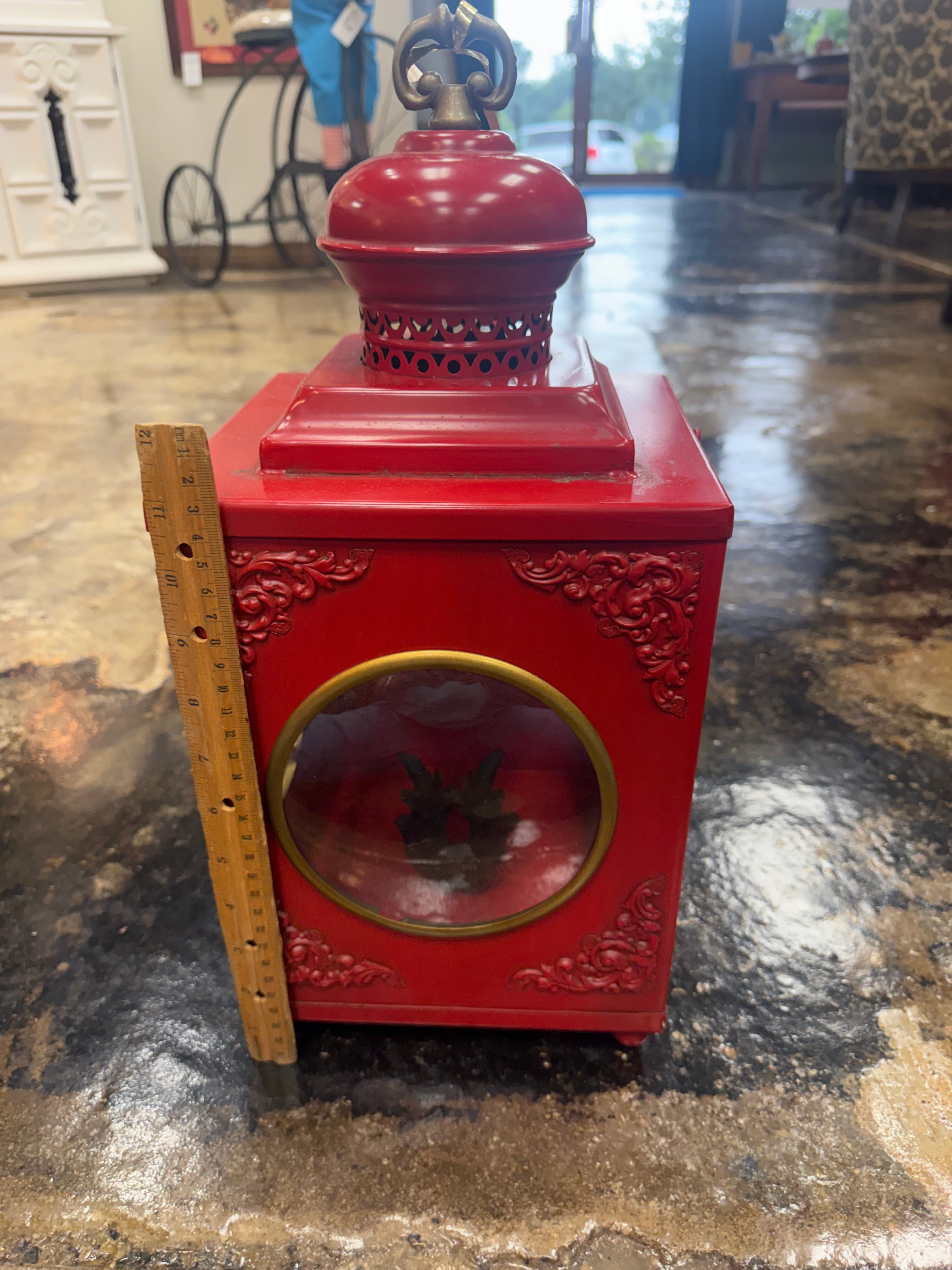 Vintage Red Metal Lantern Candle Holder Decorative Farmhouse Rustic Lantern