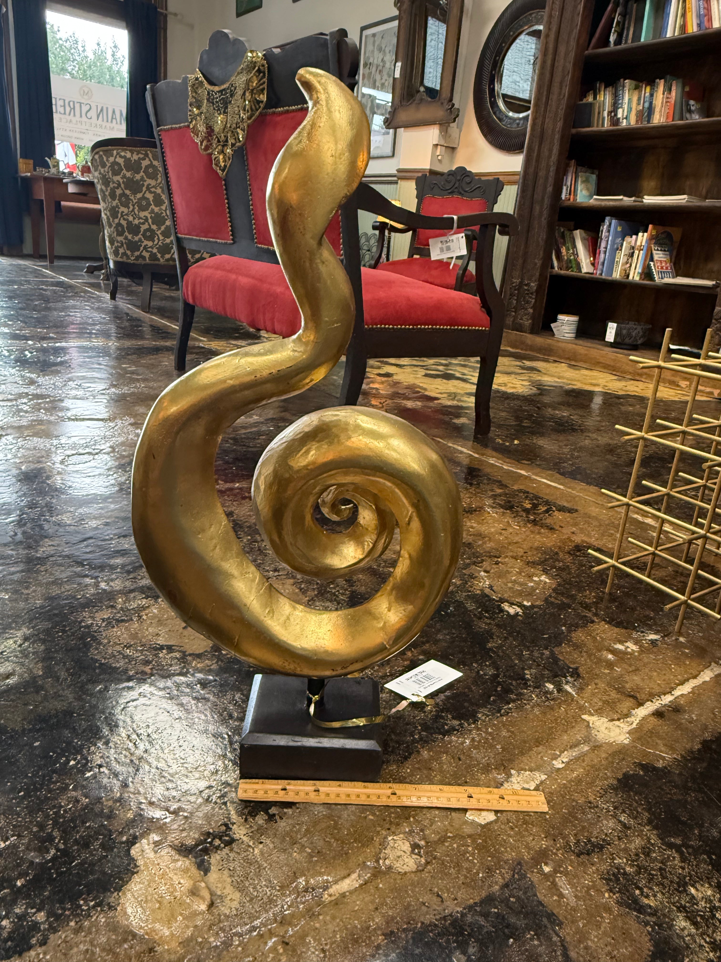Modern Abstract Gold Spiral Sculpture Tabletop Decor on Black Base