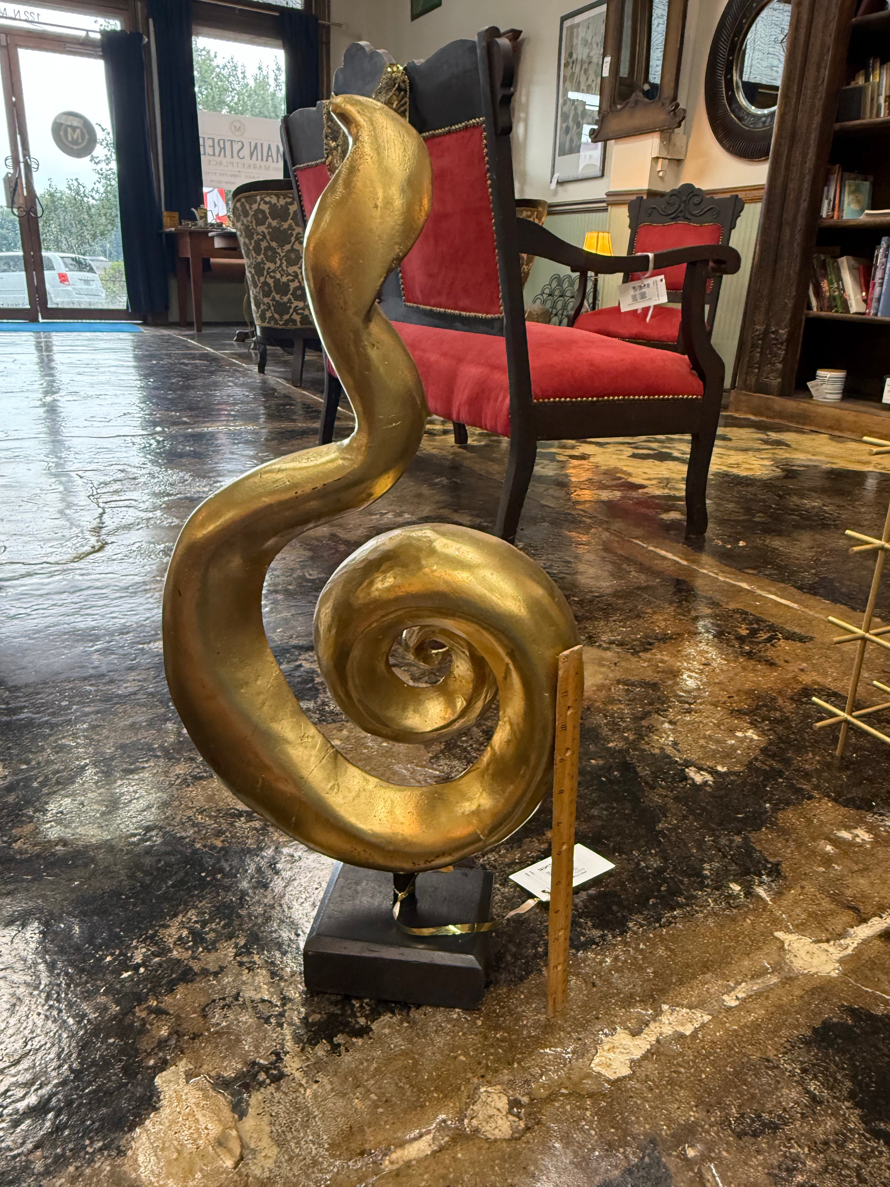 Modern Abstract Gold Spiral Sculpture Tabletop Decor on Black Base