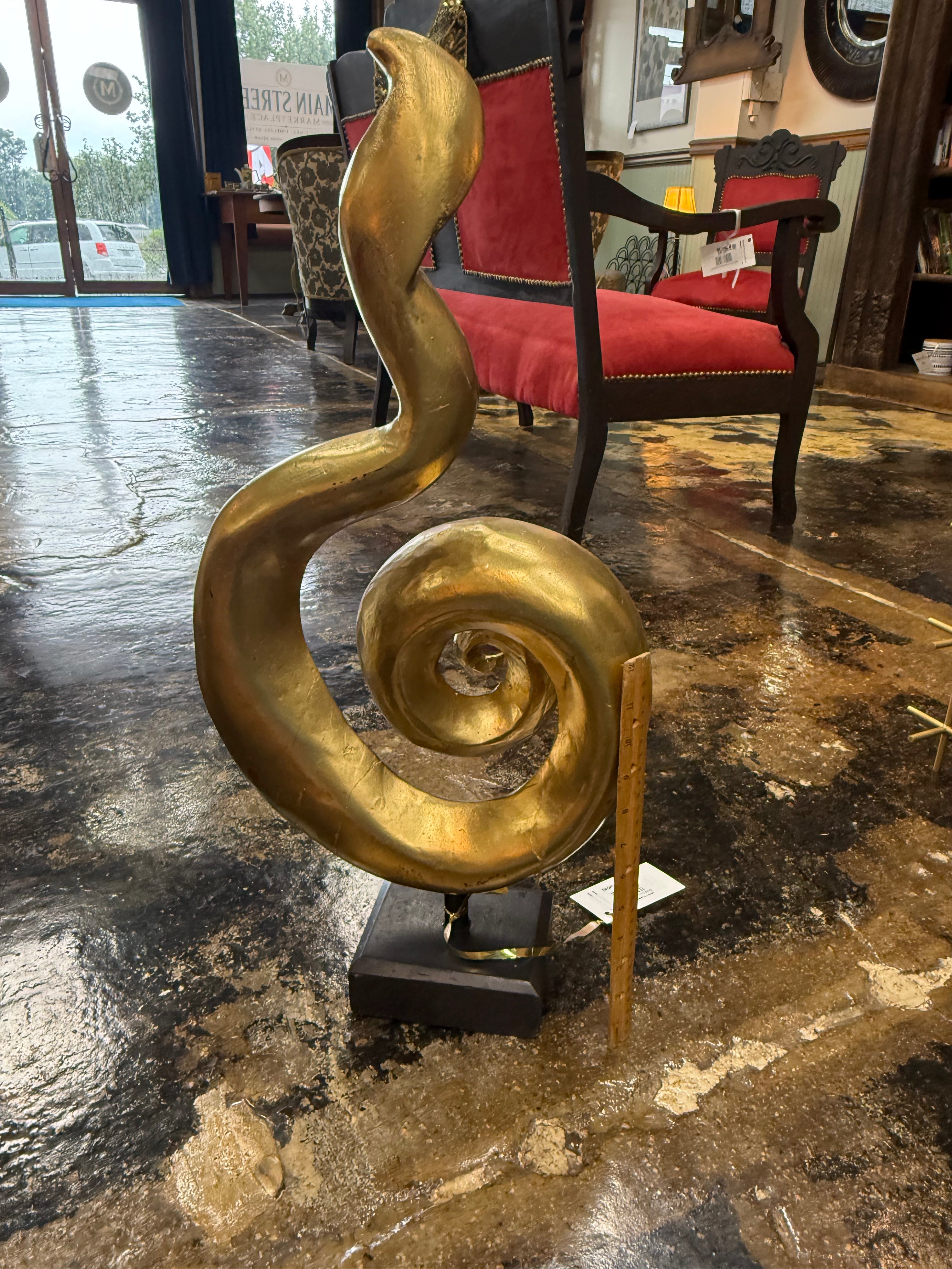 Modern Abstract Gold Spiral Sculpture Tabletop Decor on Black Base