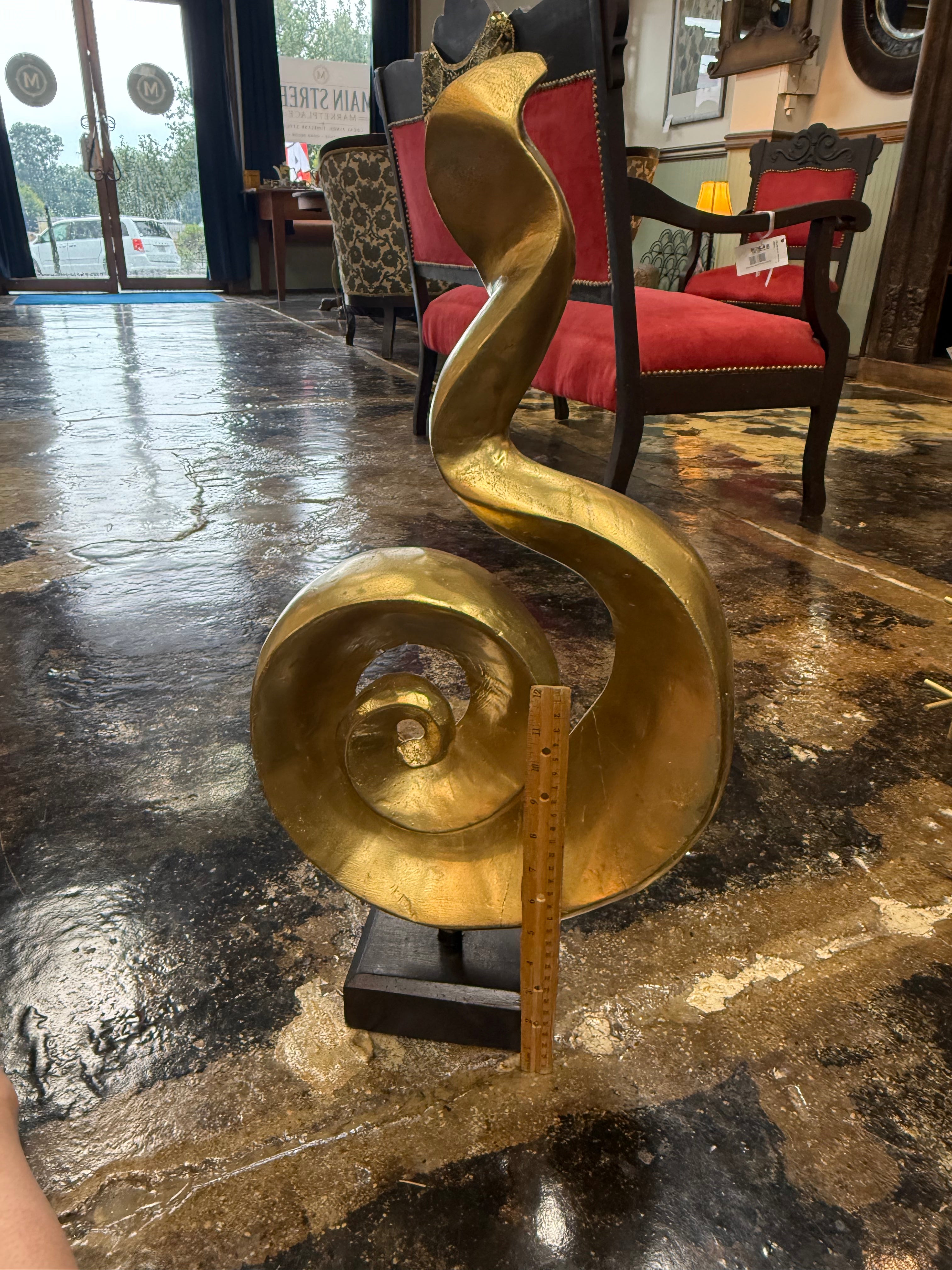 Modern Abstract Gold Spiral Sculpture Tabletop Decor on Black Base
