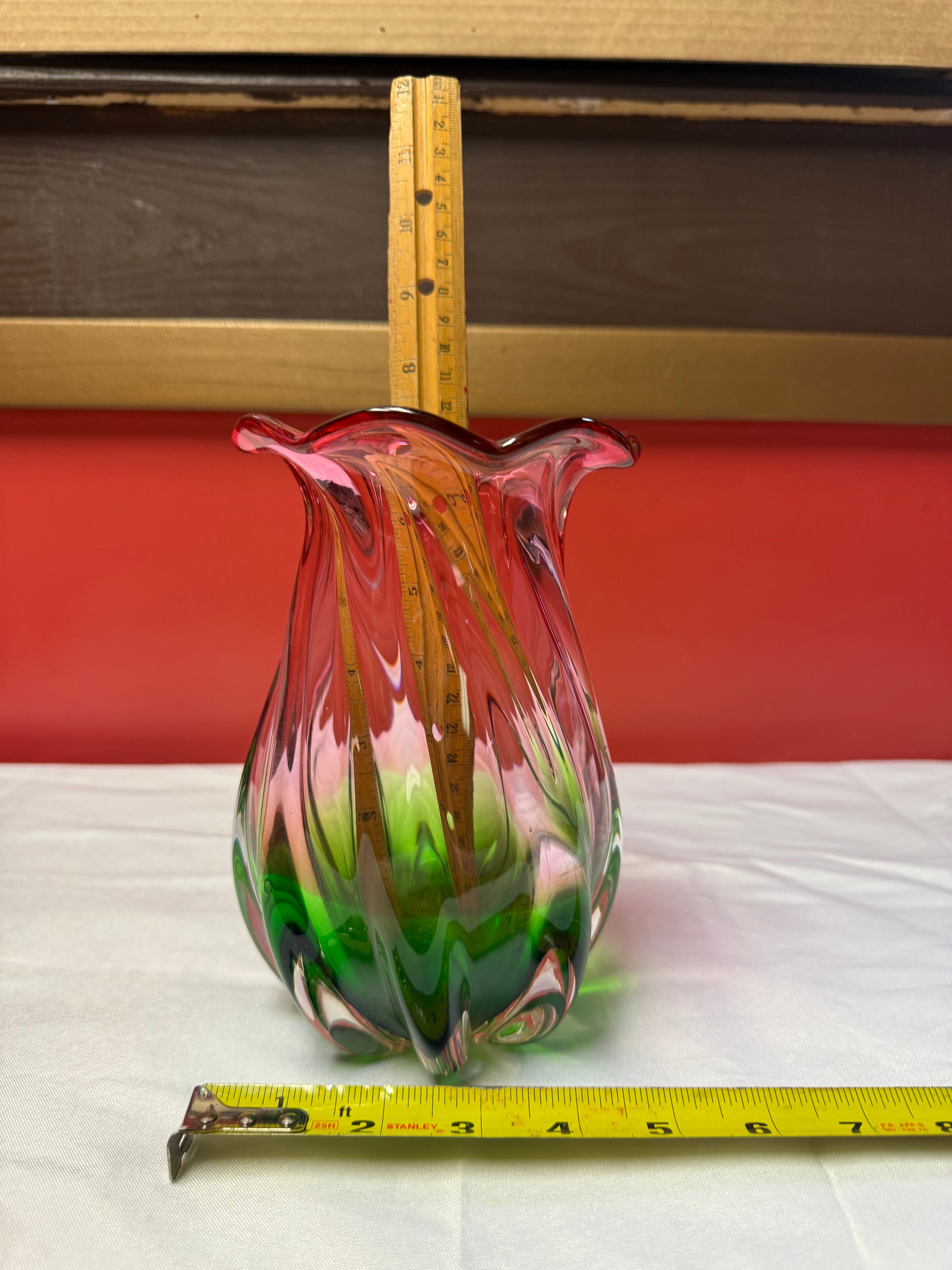 Vintage Hand Blown Art Glass Vase Pink Green Swirl Ruffled Rim Heavy 7 Inch