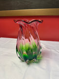 Vintage Hand Blown Art Glass Vase Pink Green Swirl Ruffled Rim Heavy 7 Inch