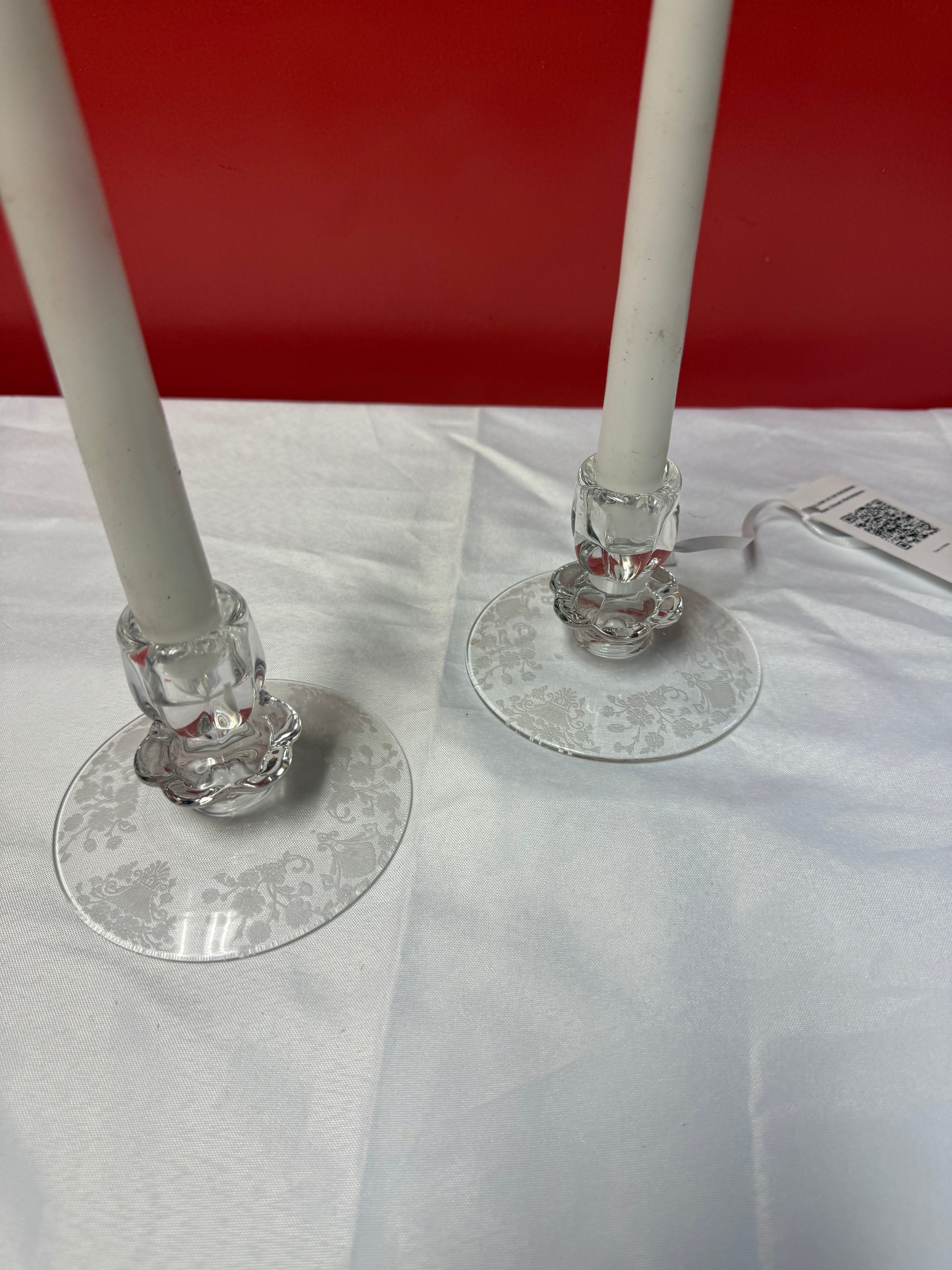Duncan & Miller First Love Etched Crystal Candlestick Holders Pair Vintage