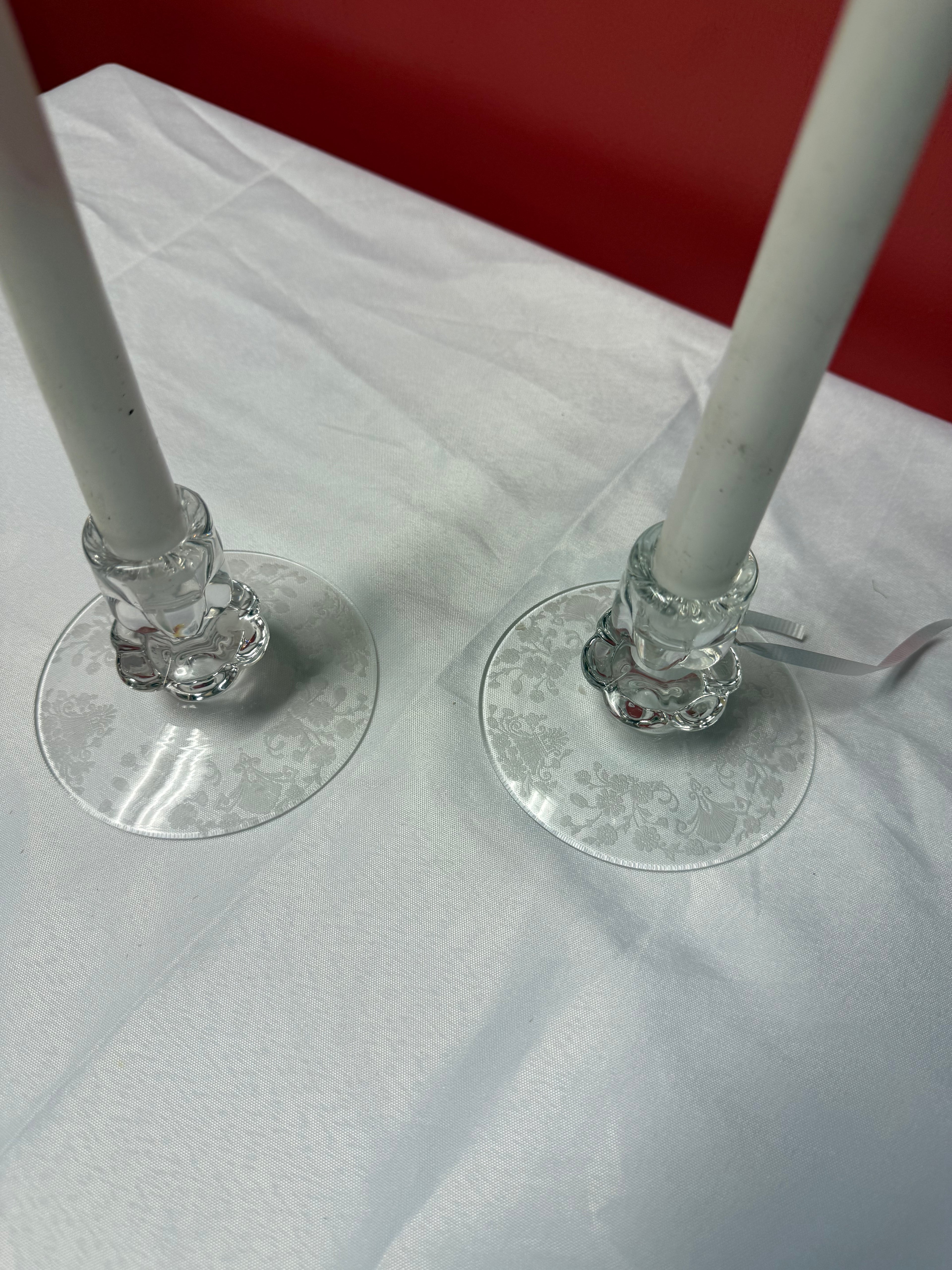 Duncan & Miller First Love Etched Crystal Candlestick Holders Pair Vintage