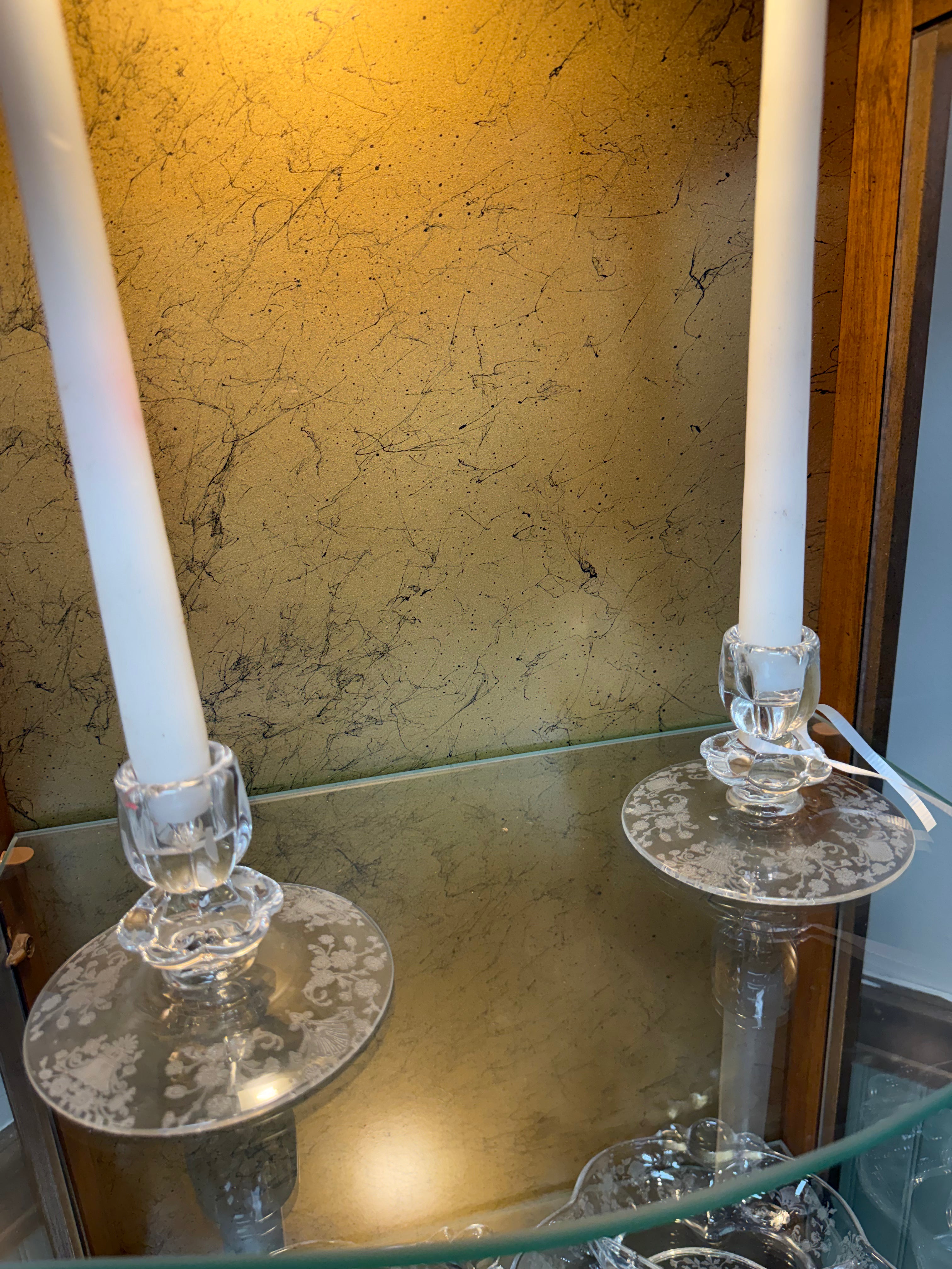 Duncan & Miller First Love Etched Crystal Candlestick Holders Pair Vintage