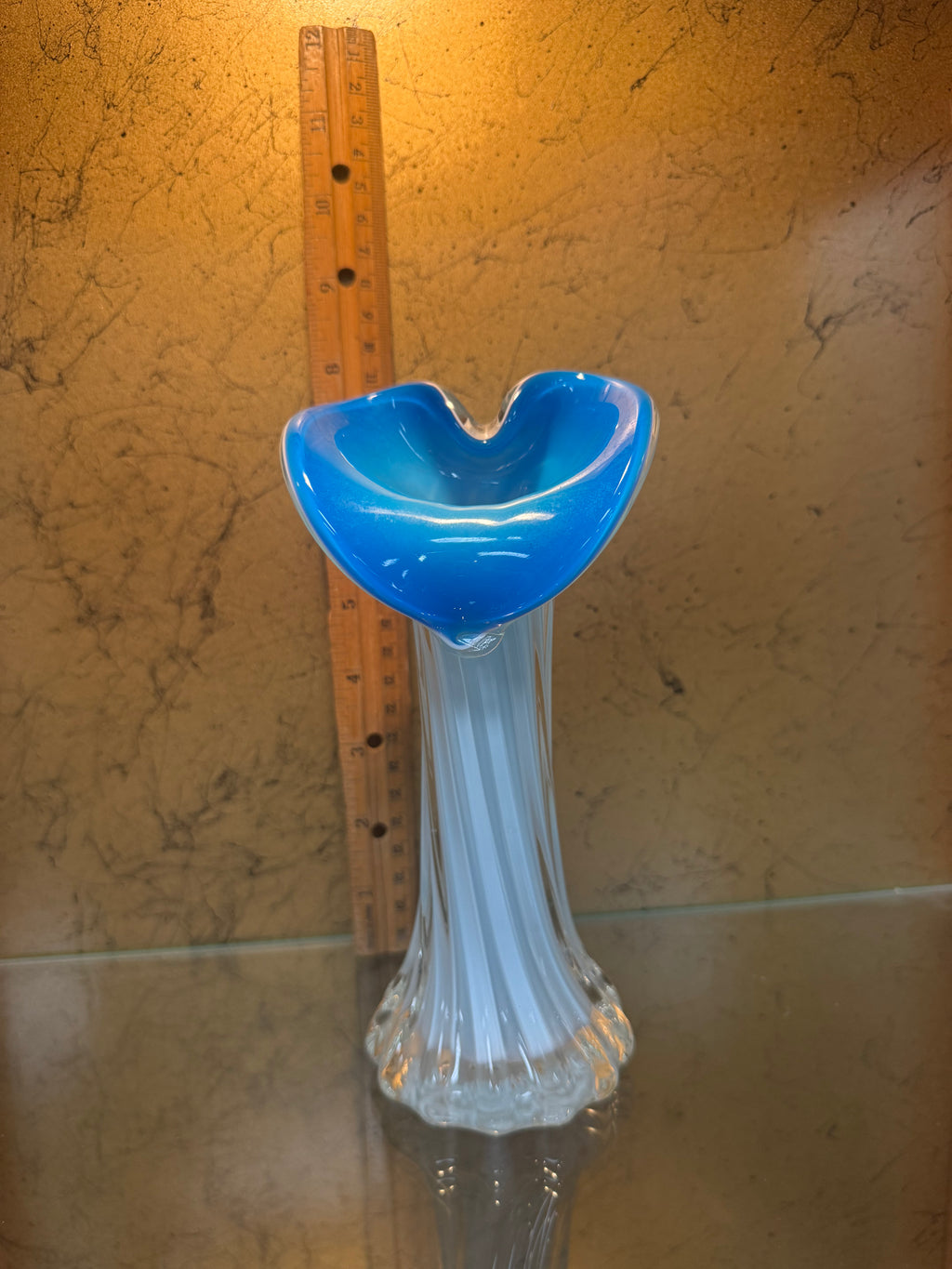 Vintage Jack in the Pulpit Blue Opaline Art Glass Vase White Ribbed 7.75"