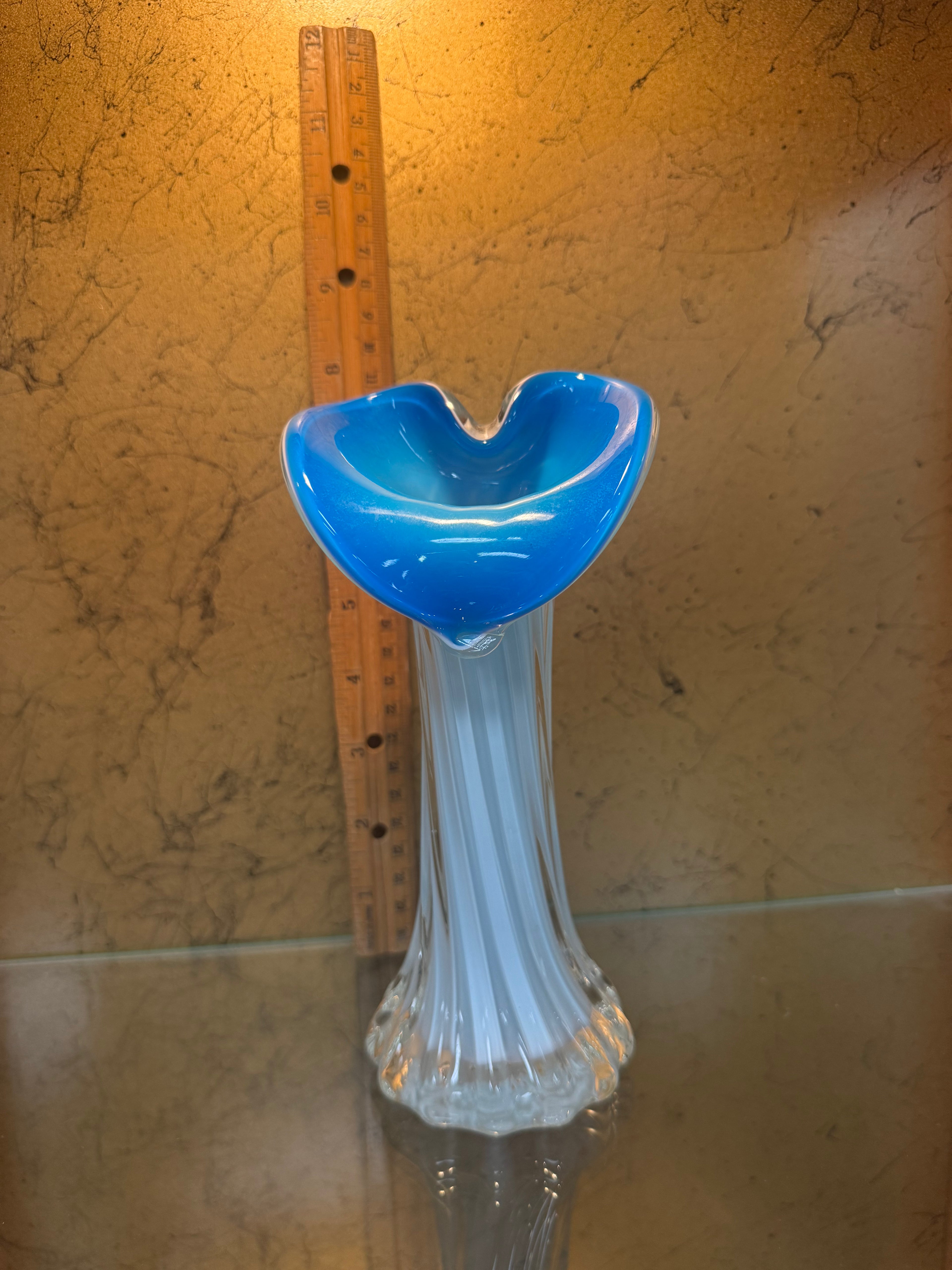 Vintage Jack in the Pulpit Blue Opaline Art Glass Vase White Ribbed 7.75"