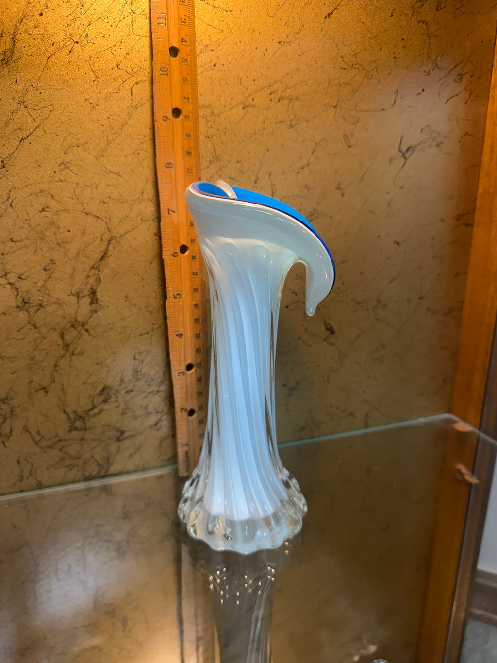 Vintage Jack in the Pulpit Blue Opaline Art Glass Vase White Ribbed 7.75"