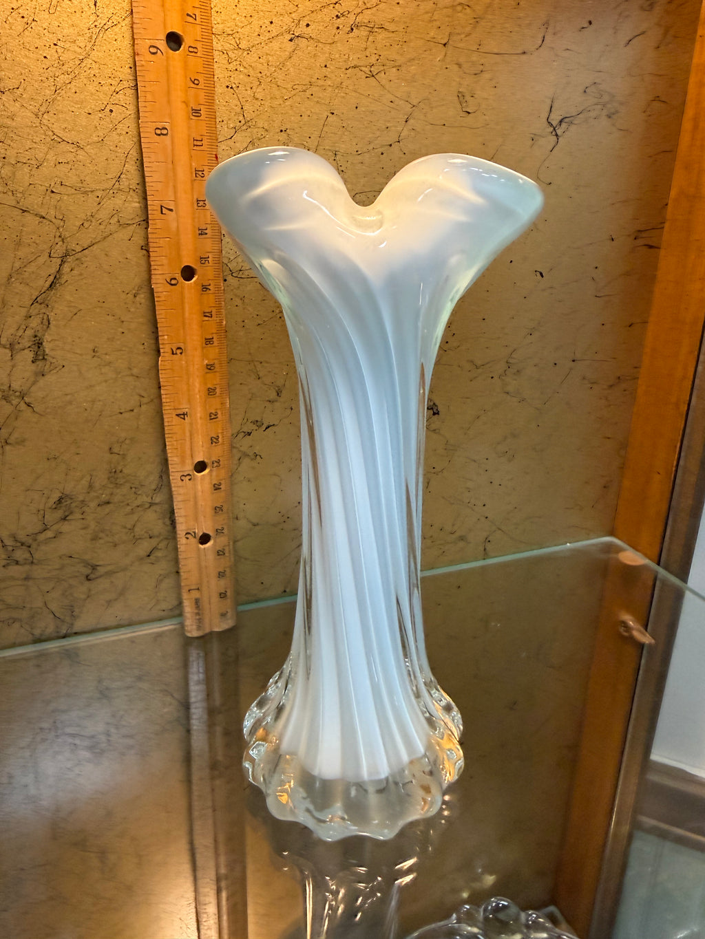Vintage Jack in the Pulpit Blue Opaline Art Glass Vase White Ribbed 7.75"