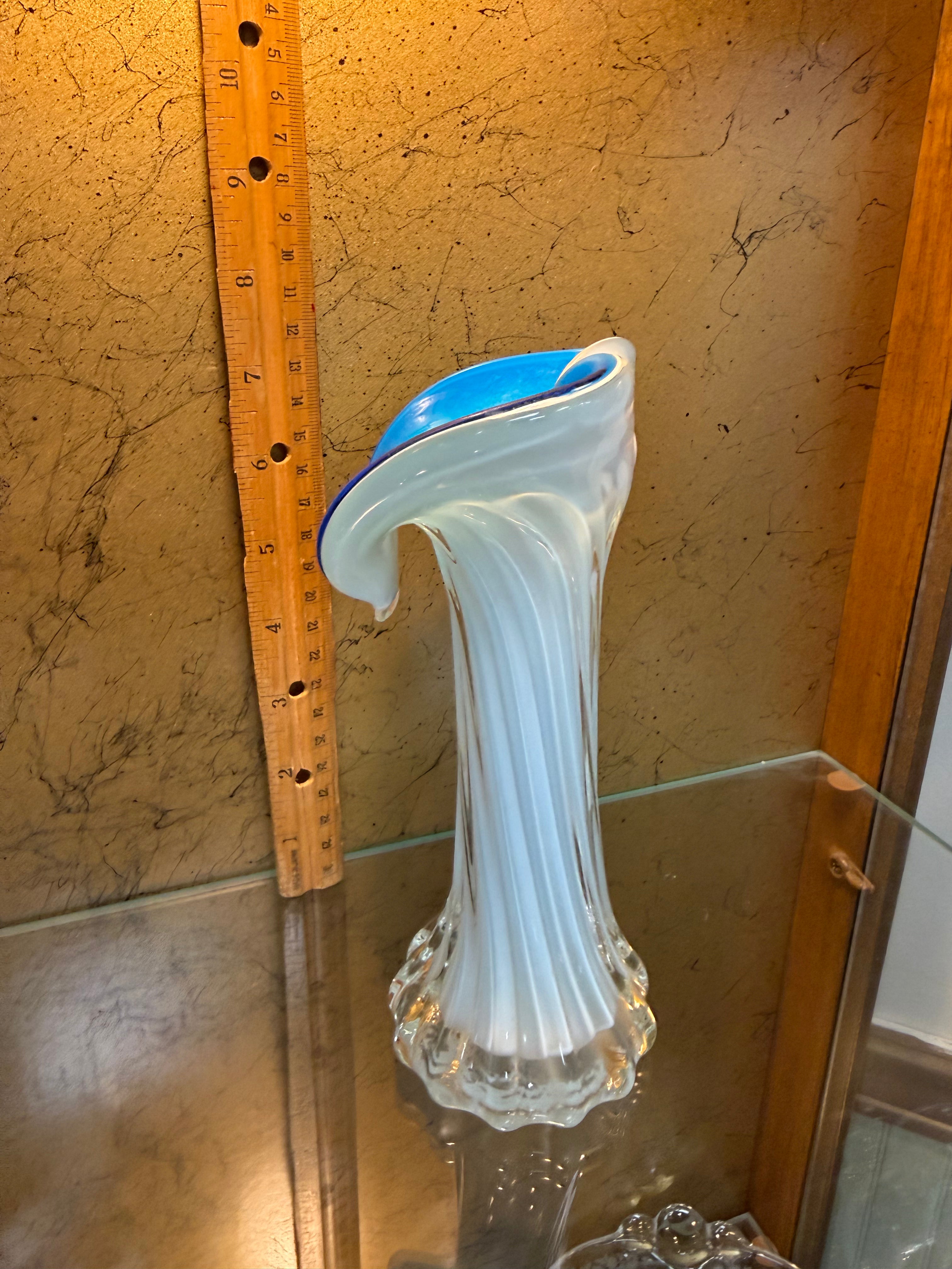 Vintage Jack in the Pulpit Blue Opaline Art Glass Vase White Ribbed 7.75"