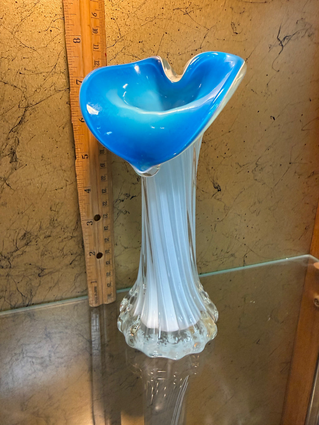 Vintage Jack in the Pulpit Blue Opaline Art Glass Vase White Ribbed 7.75"