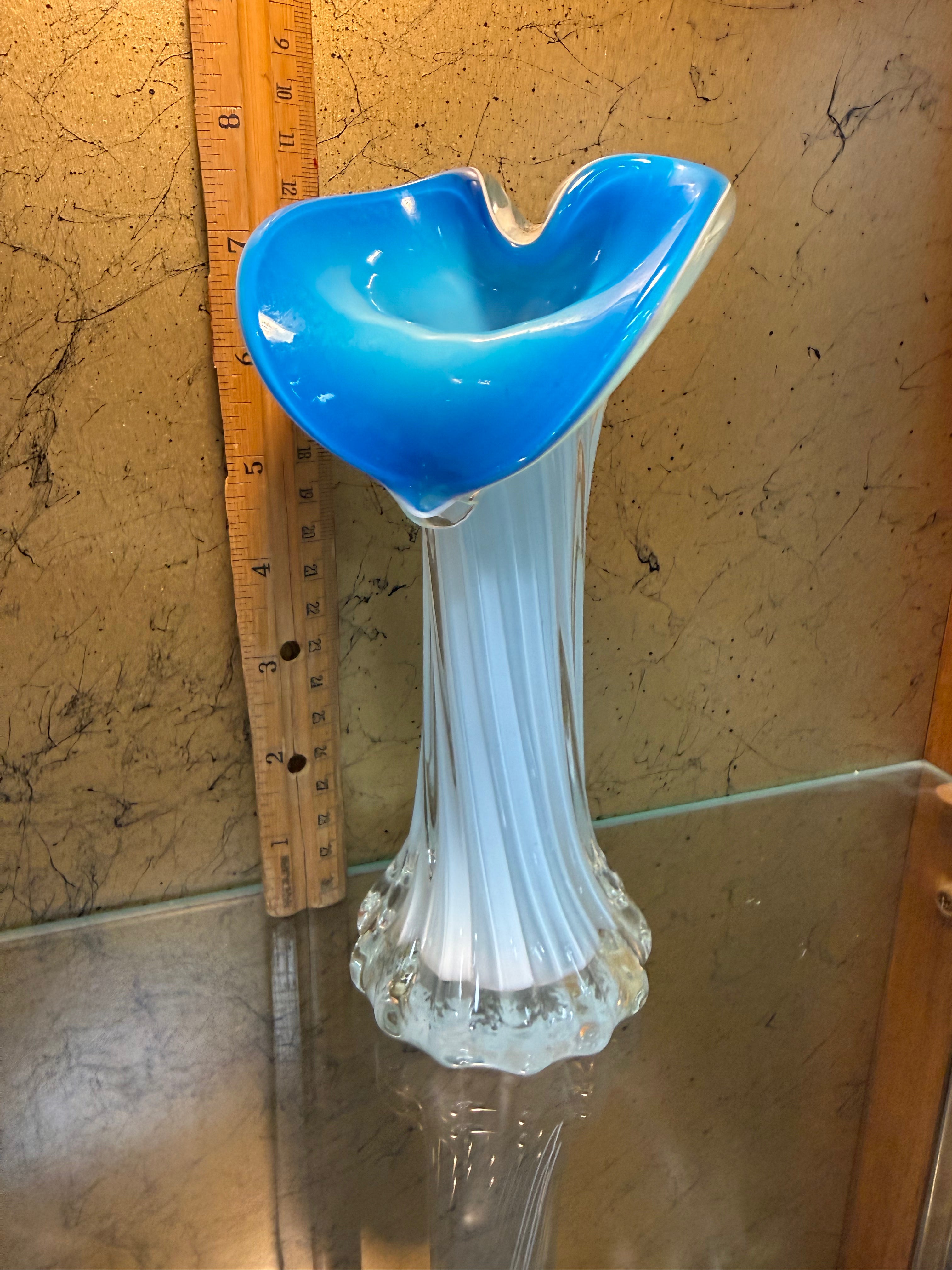 Vintage Jack in the Pulpit Blue Opaline Art Glass Vase White Ribbed 7.75"