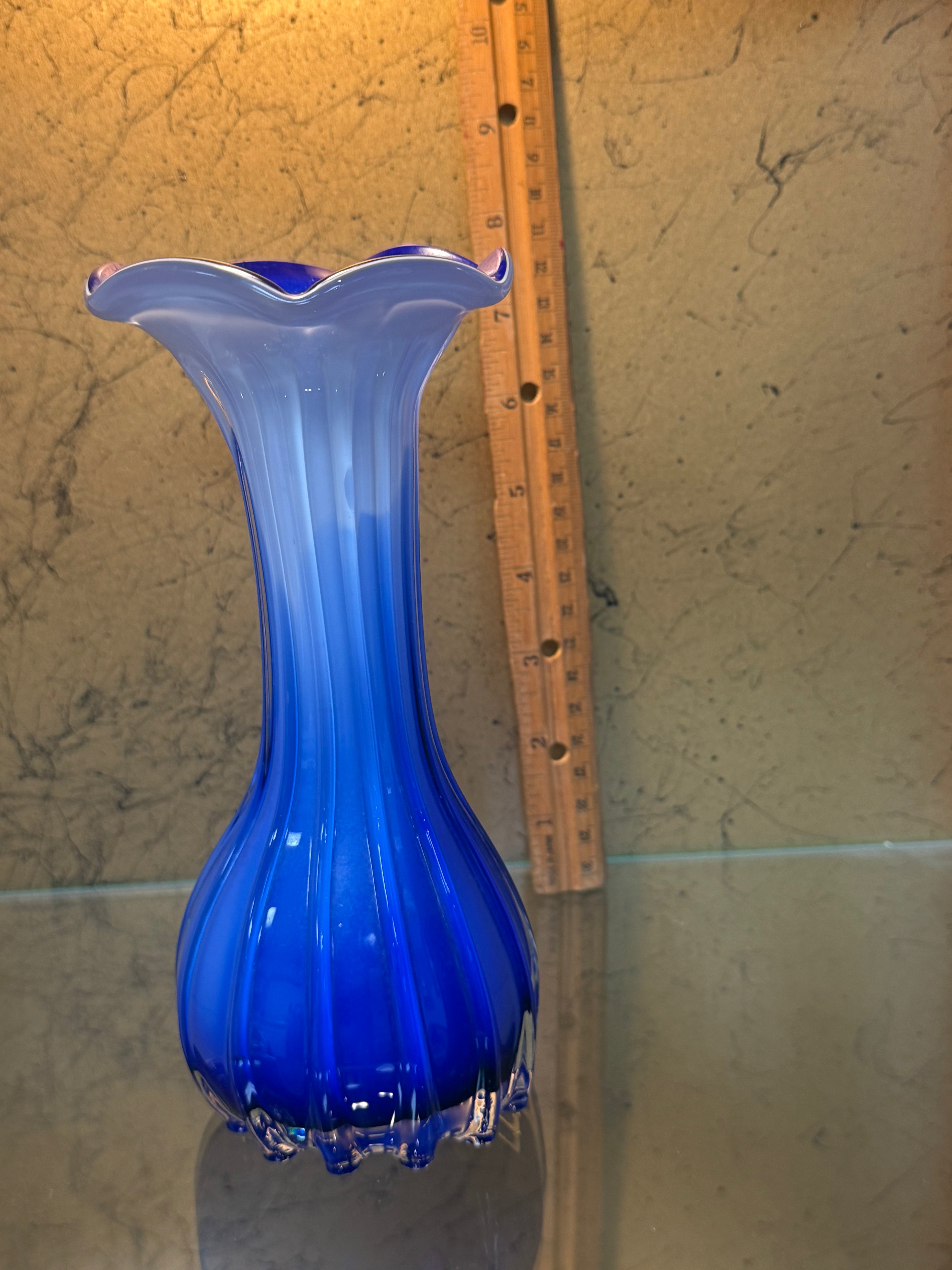 Vintage Murano Style Cobalt Blue & White Art Glass Jack in the Pulpit Vase